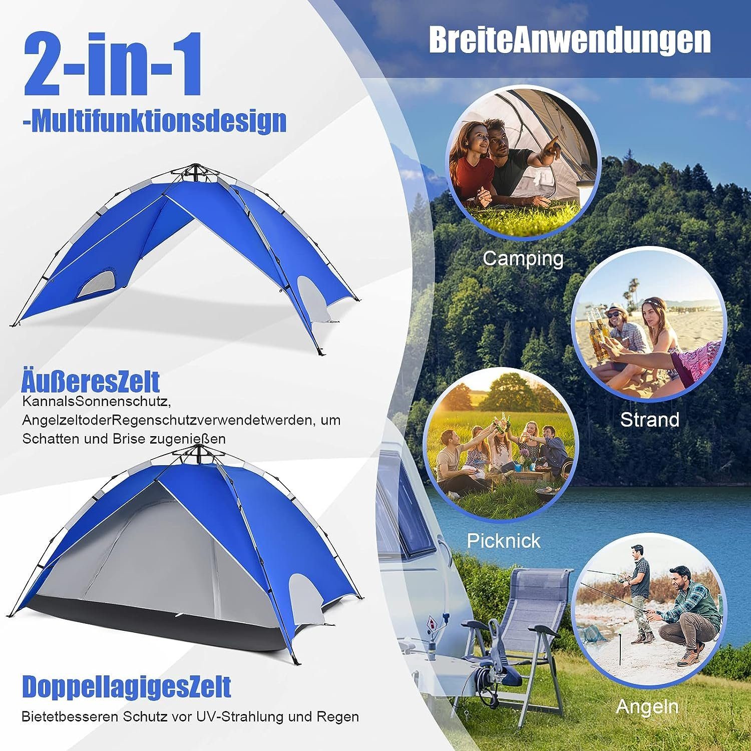 KOMFOTTEU Wurfzelt Pop Up Campingzelt, Personen: 4, mit Tragetasche & Netzfenster & Reißverschluss