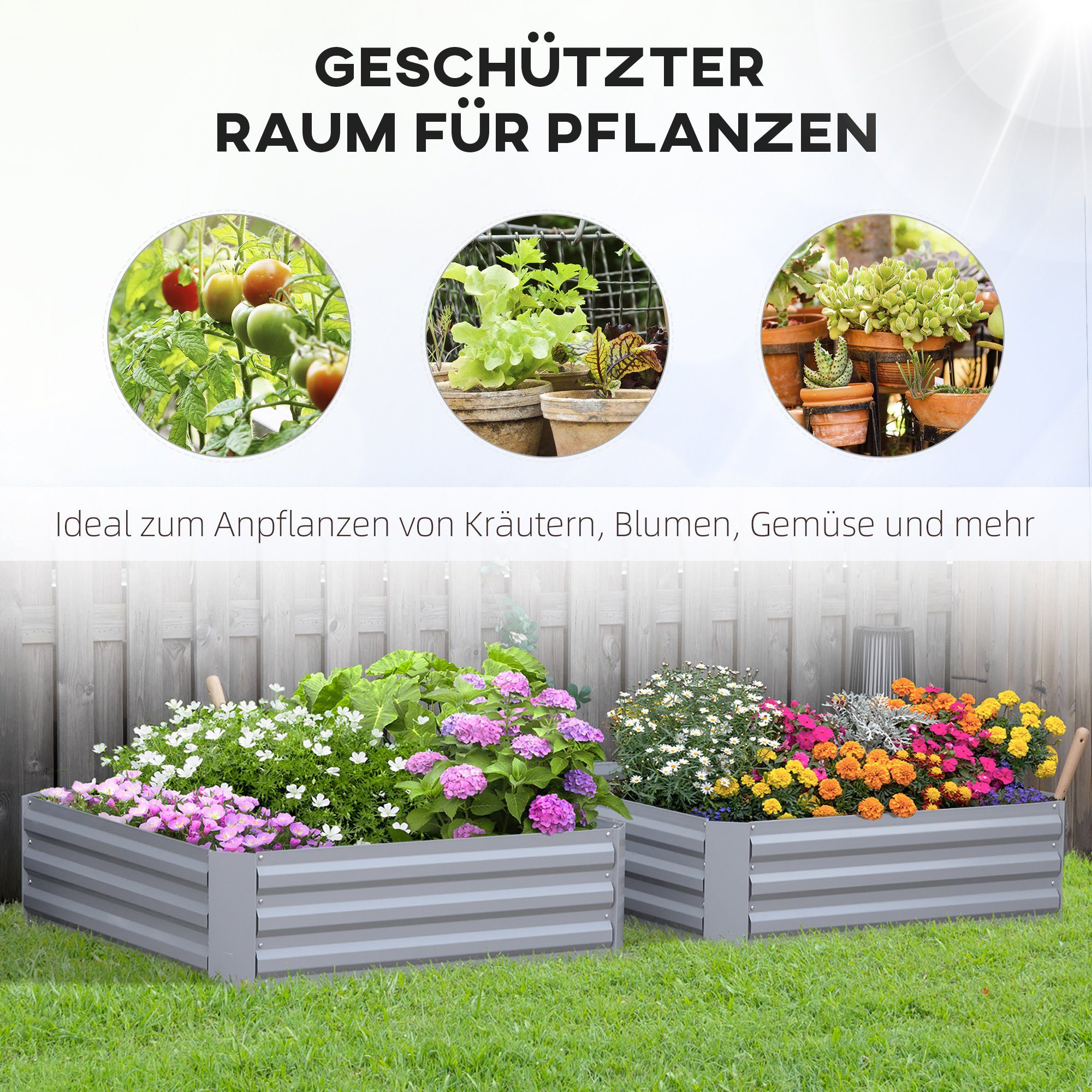 Outsunny Hochbeet 2-TLG. Gartenbeet, Pflanzkasten, Pflanzkübel für Garten, Terrasse (Blumenkübel, 2 St., Blumenkasten), Verzinkter Stahl, Grau, 100 x 100 x 30 cm