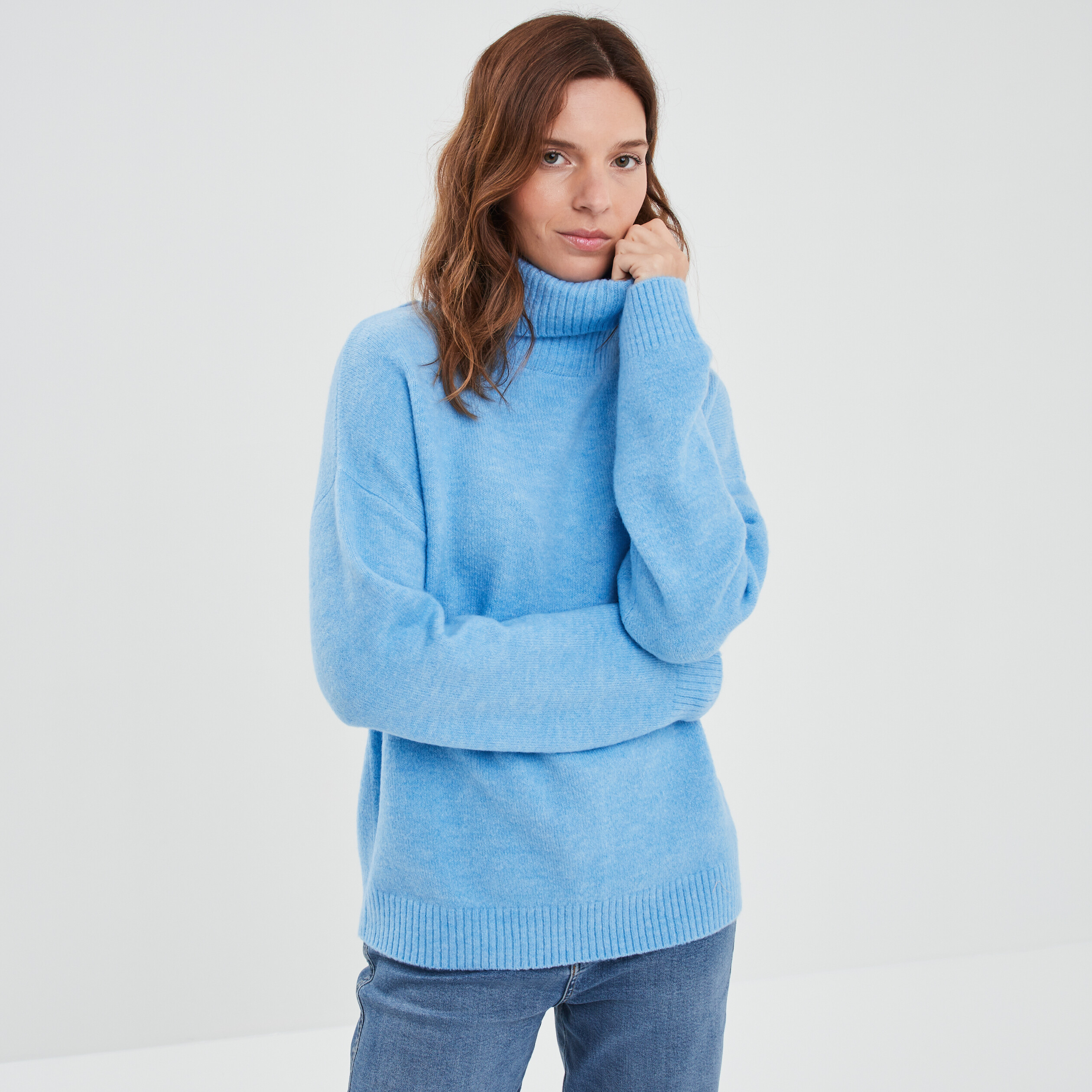 Pull col roulé droit manches longues bleu femme | La Halle