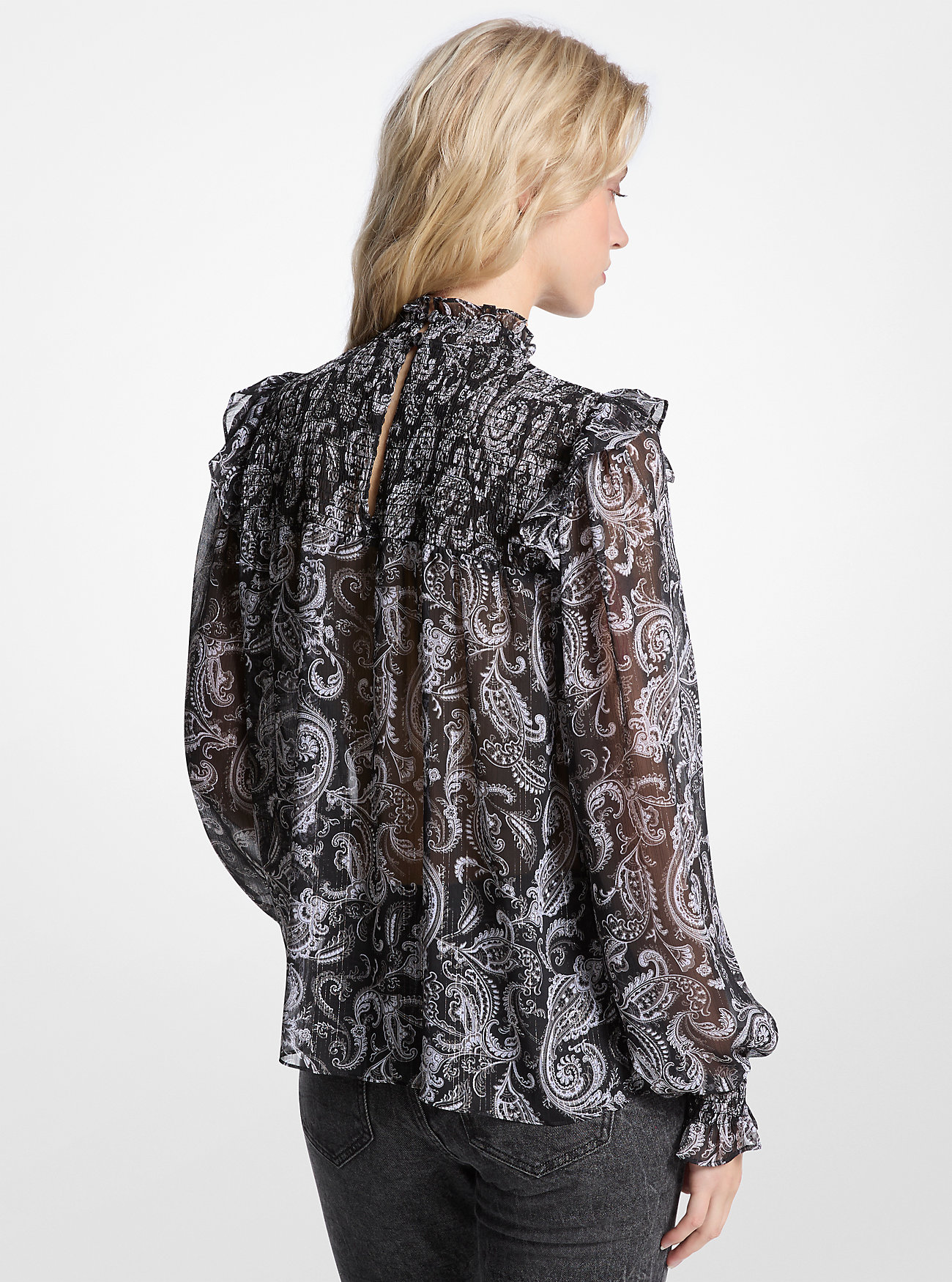 Metallisk paisley-trykk Georgette-bluse - GUNMETAL