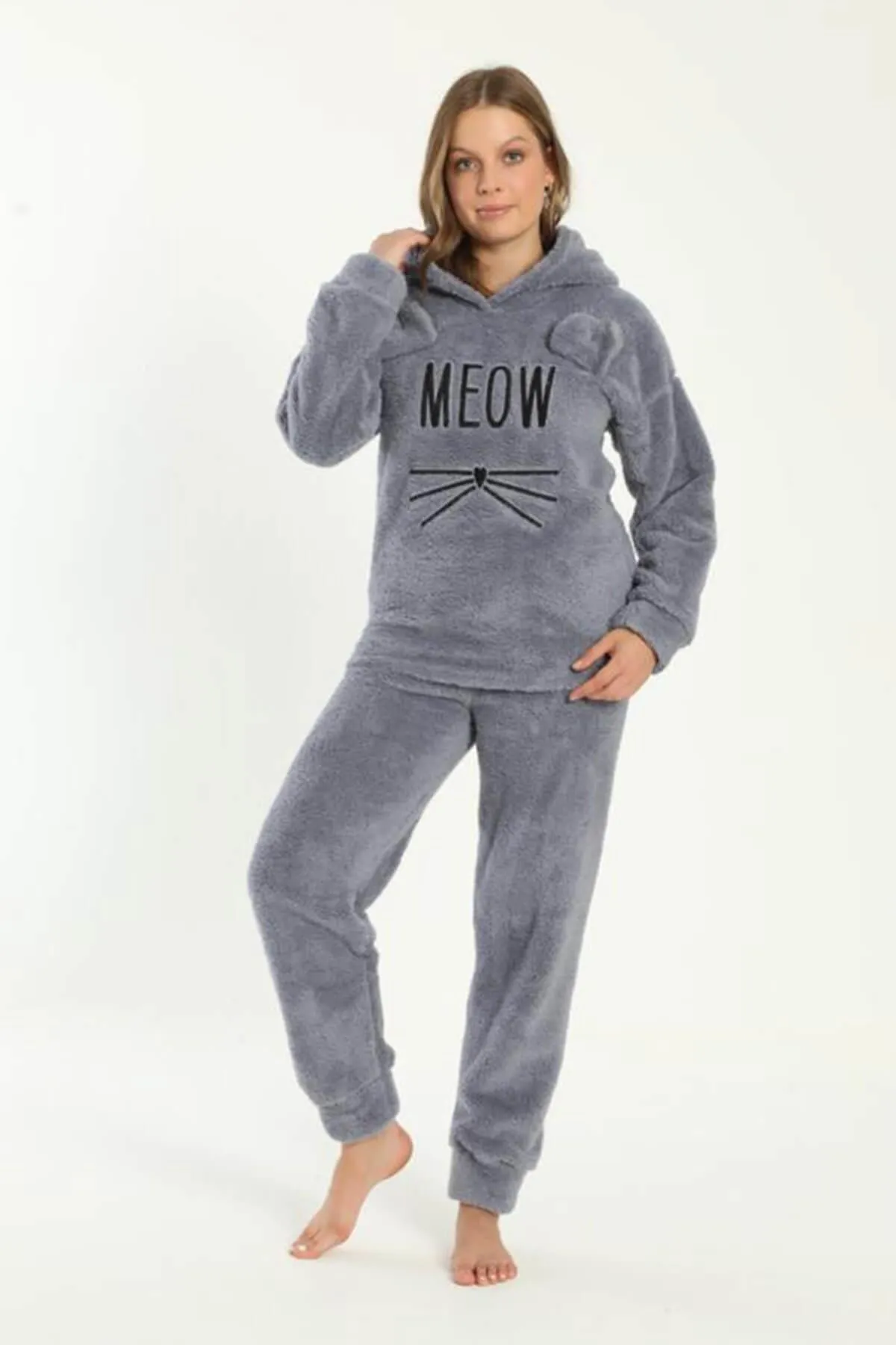 Pijamaevi  Dunkelgraues Meow-gemustertes Vollplüsch-Pyjama-Set