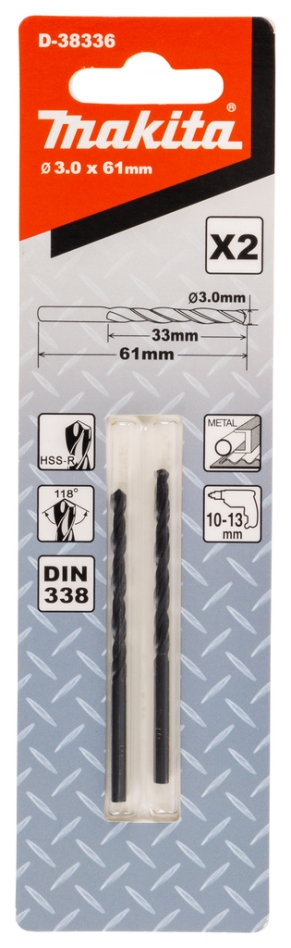 Makita Tilbehør D-38336 Metalbor HSS-R 3,0 x 61 mm Pr. 2 Stk.