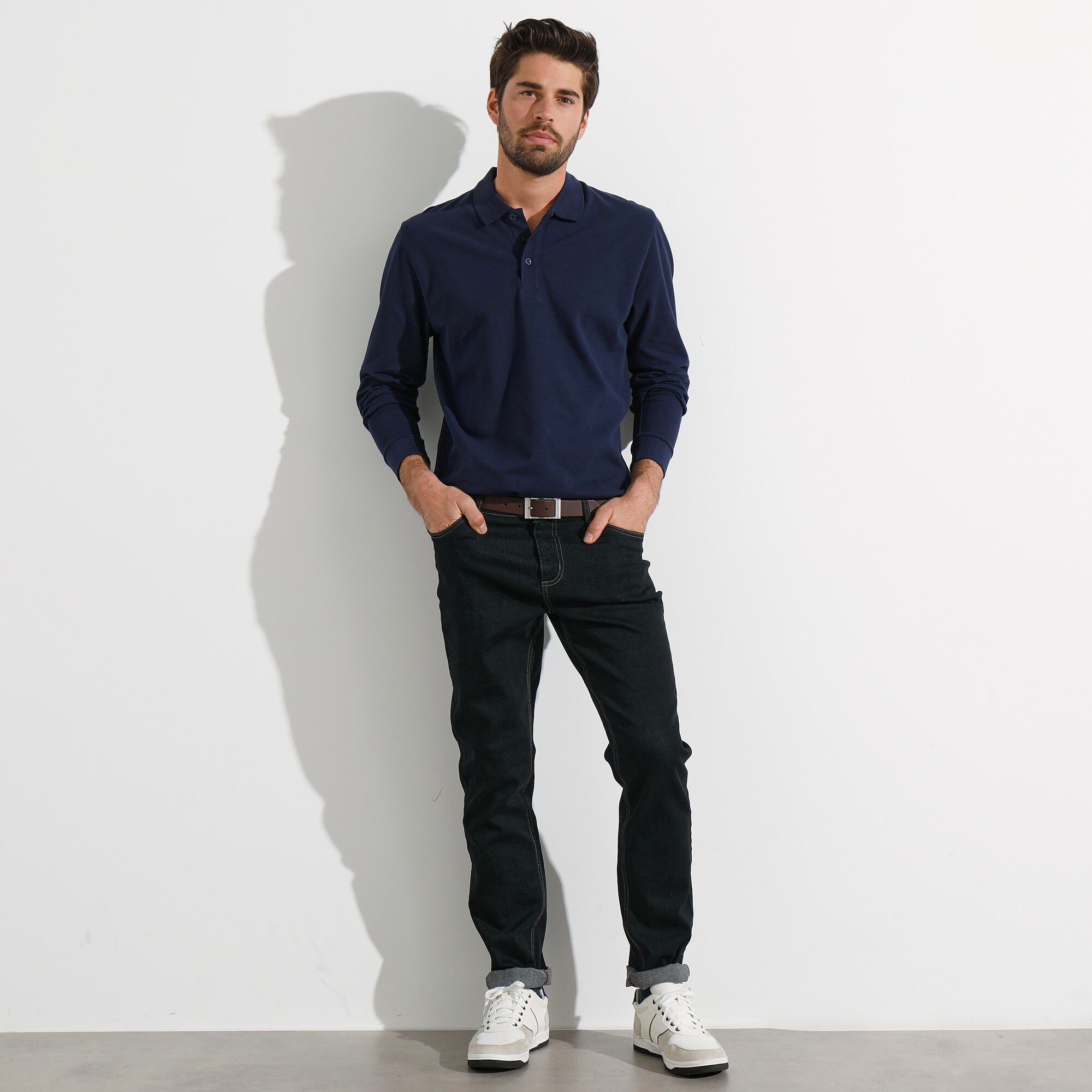 Polo uni maille piquée manches longues