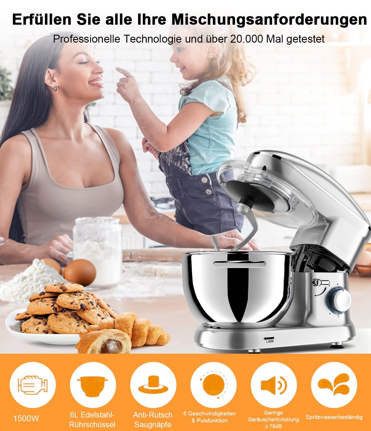 Mutoy Küchenmaschine Knetmaschine, 1400,00 W, 6,00 l Schüssel, 6 Geschwindigkeiten Geräuscharme Teigknetmaschine