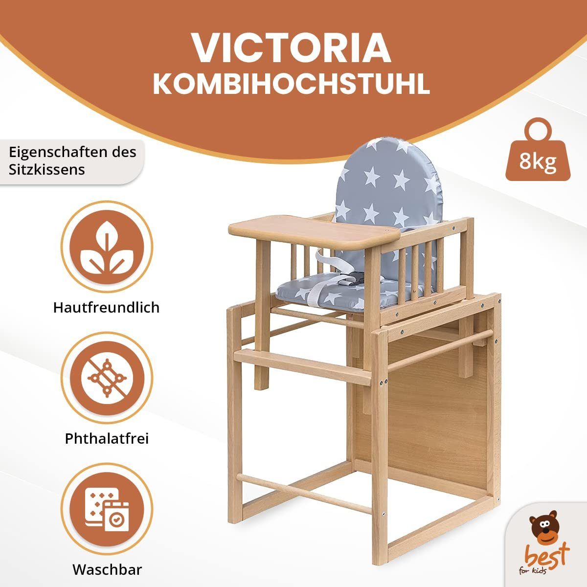 Best for Kids Kombihochstuhl Victoria, leicht umbaubar zur Stuhl-Tisch-Kombination