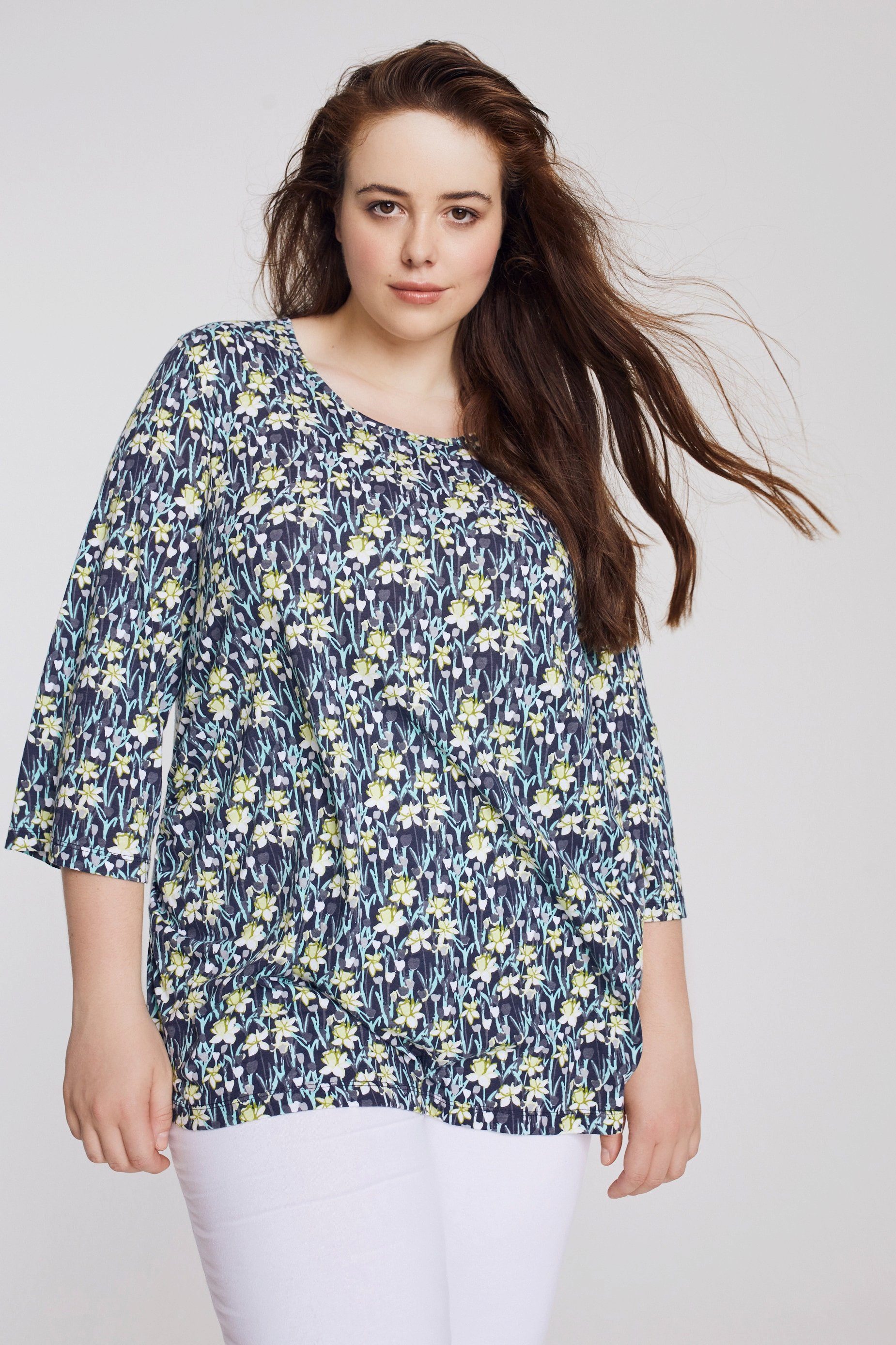 Ulla Popken Longsleeve Bellieva-T-Shirt elastische Raffung Rundhals