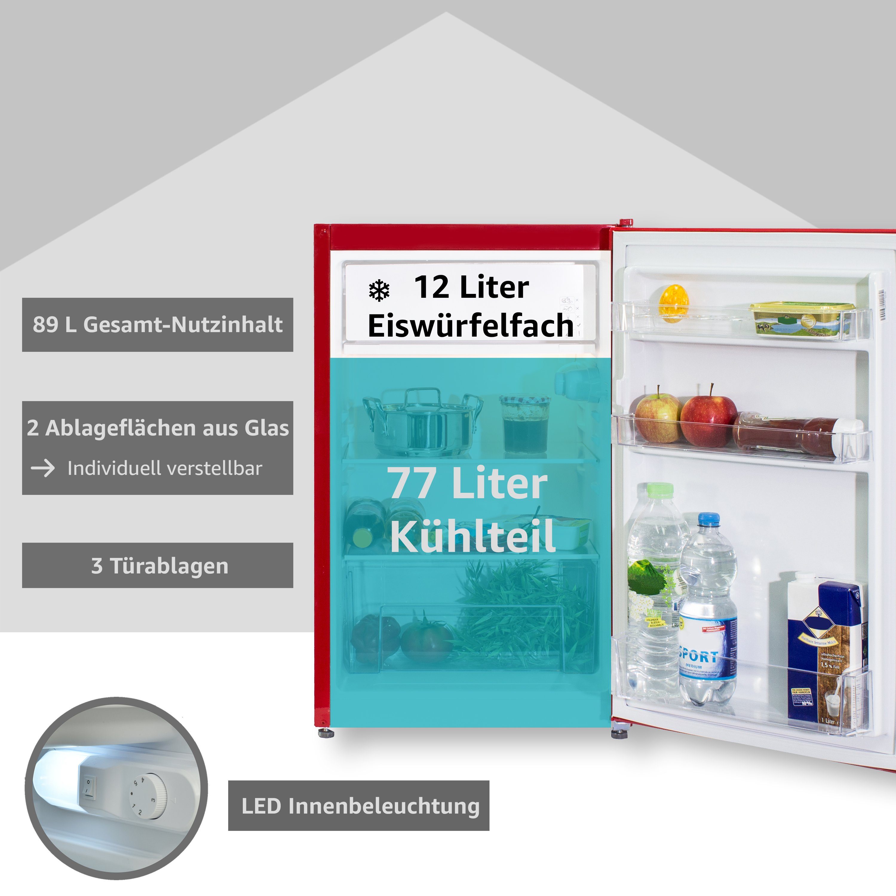 Telefunken Kühlschrank CF-33-101-R, 82.1 cm hoch, 48 cm breit, Tischkühlschrank mit Eiswürfelfach, 89 L Gesamt-Nutzinhalt