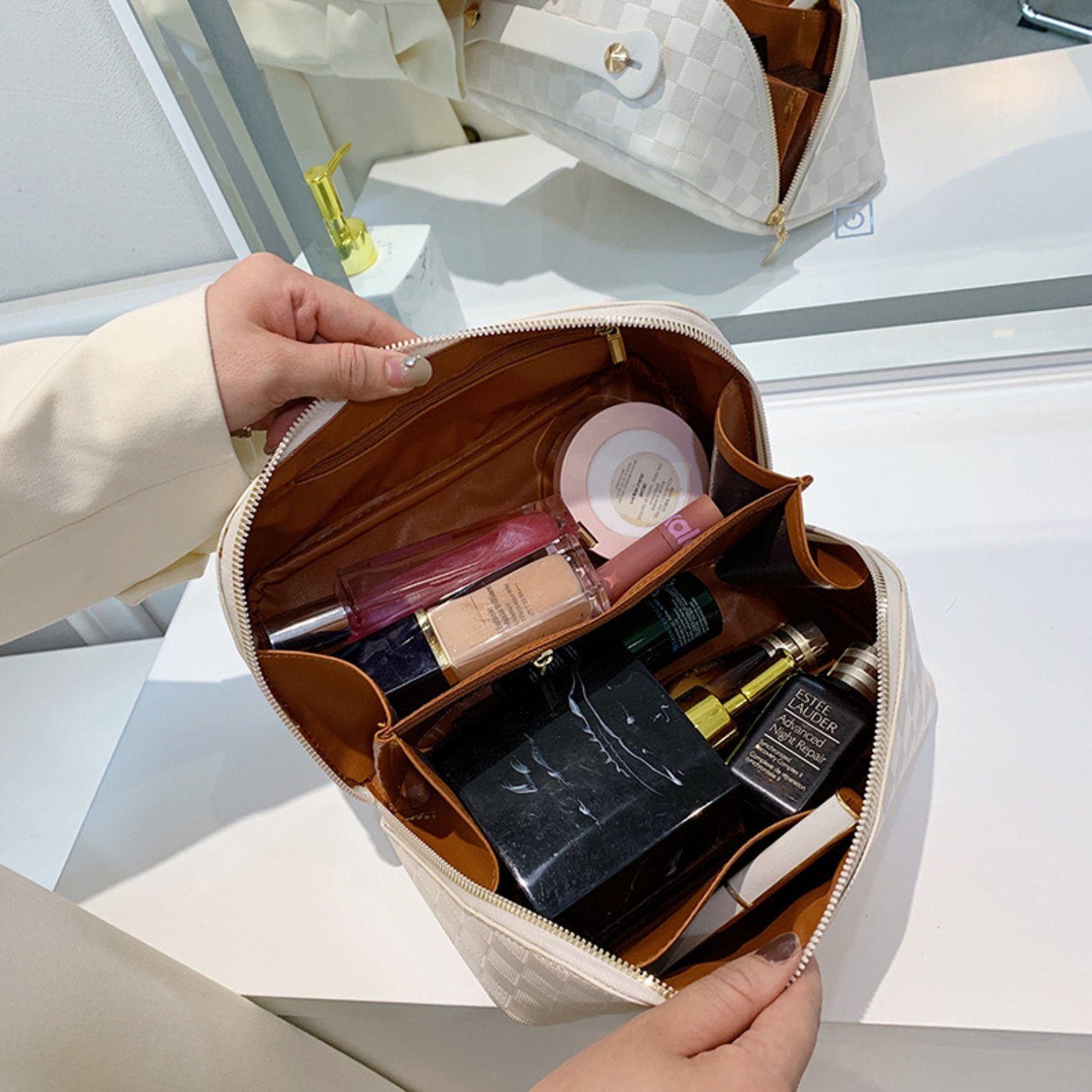 HOMEIDEAS Kosmetiktasche, Wasserabweisende Große karierte Make-up-Tasche