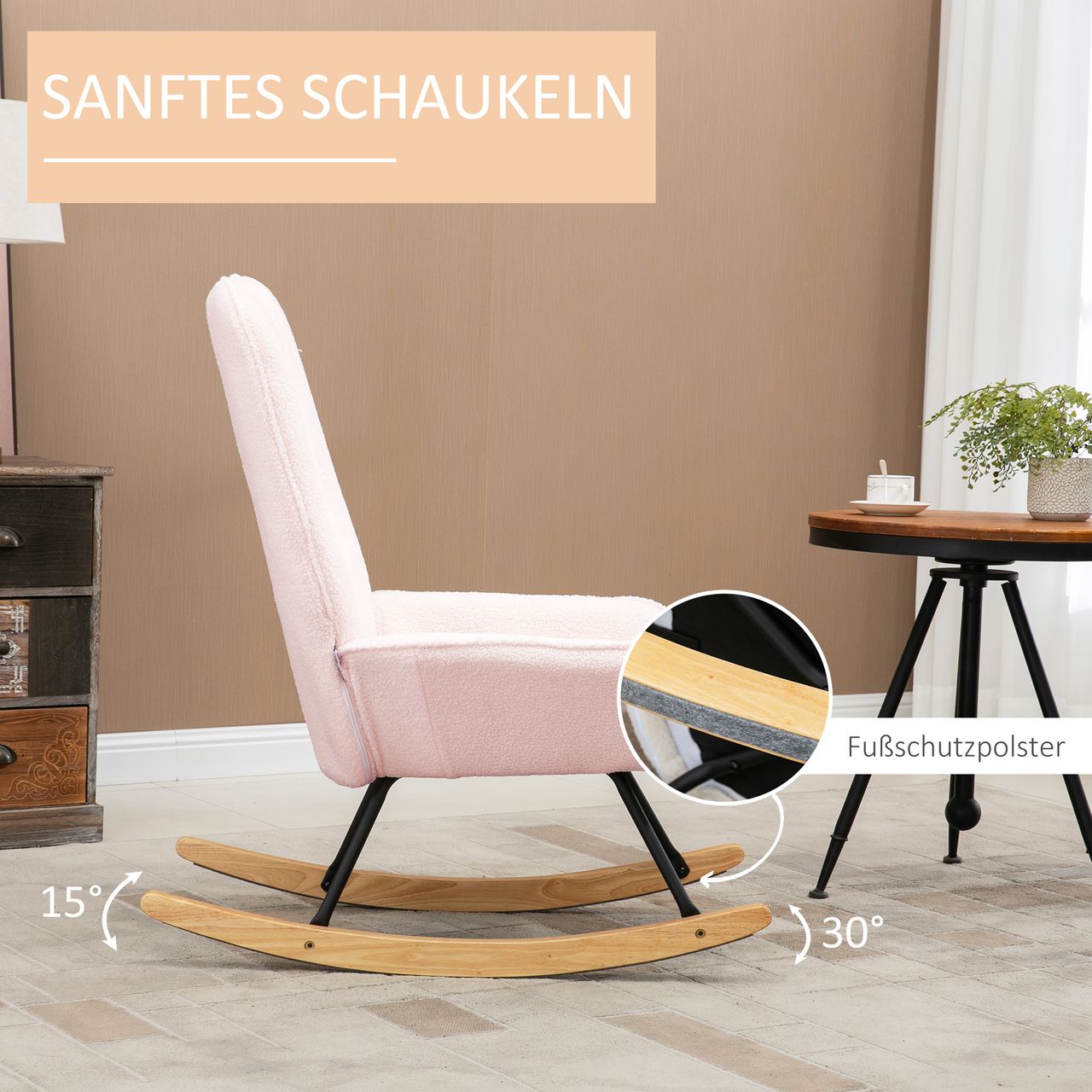 HOMCOM Schaukelstuhl Gepolsterter Schwingsessel bis 150 kg Belastbar, Rosa