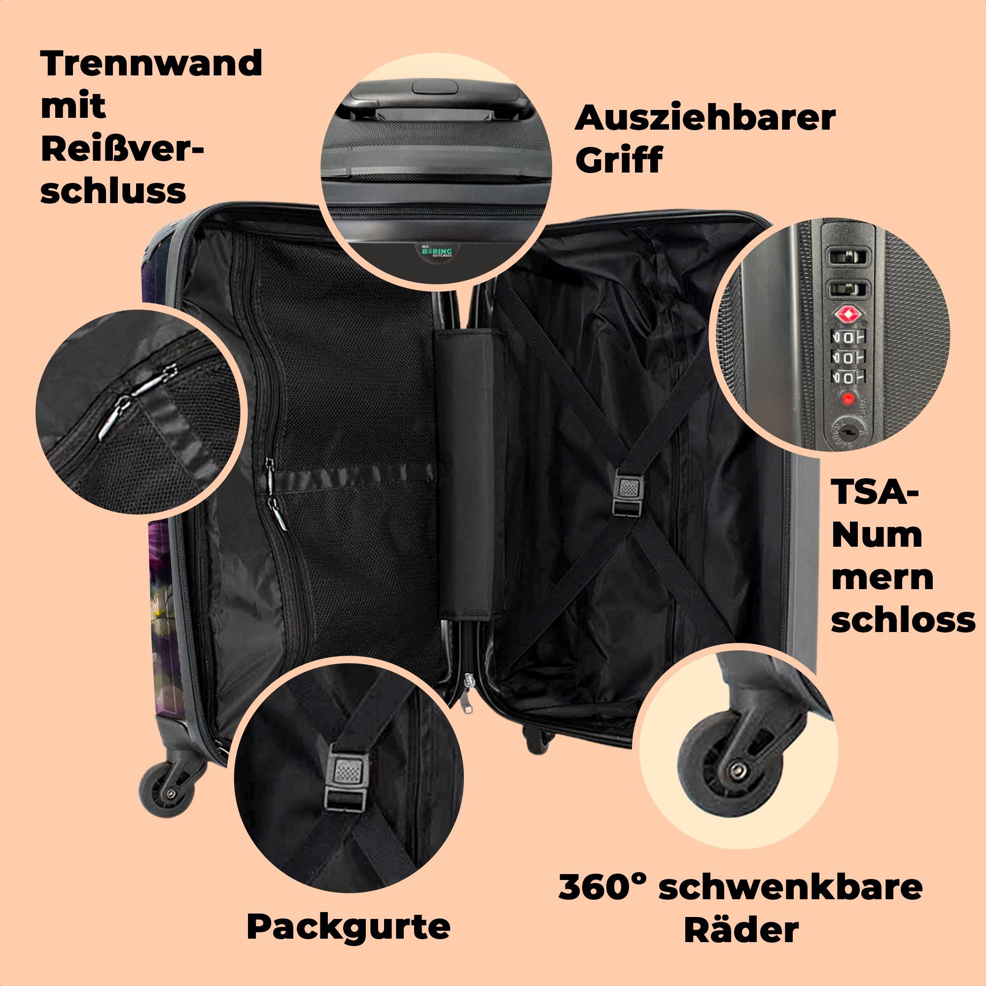 NoBoringSuitcases.com© Handgepäckkoffer 55x35x20cm Hund - Blumen - Natur - Welpe - Border Collie, 4 Rollen, Handgepäck Trolley Rollkoffer Kleine Reisekoffer mit 4 Rollen - Cabin
