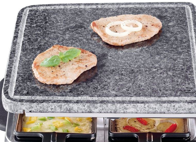 Severin Raclette RG 2373, 8 Raclettepfännchen, 1700 W, Naturgrillstein, Gussplatte, Temperaturregler, Antihaftbeschichtung