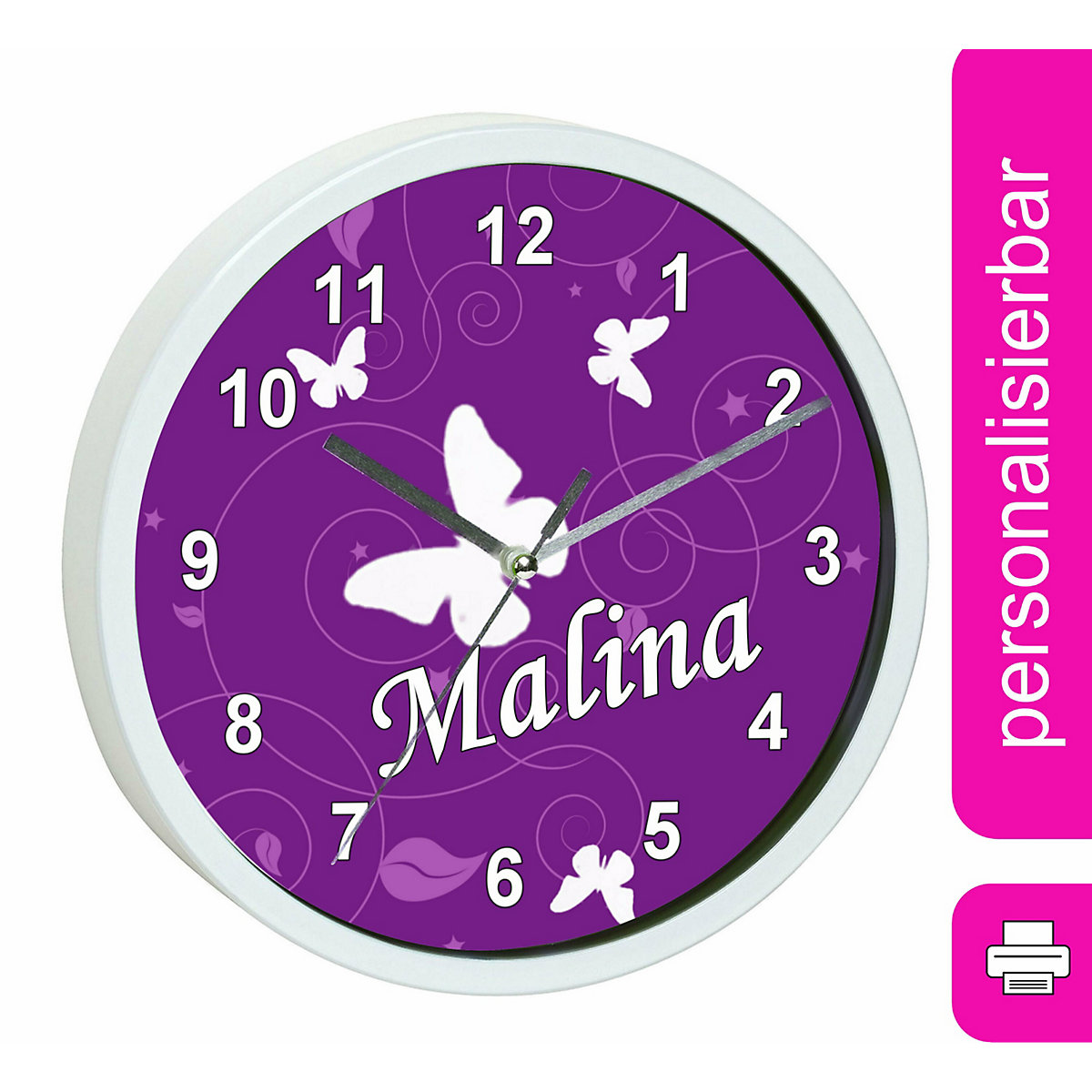 Kinder Wanduhr personalisiert mit Name Schmetterling Lila