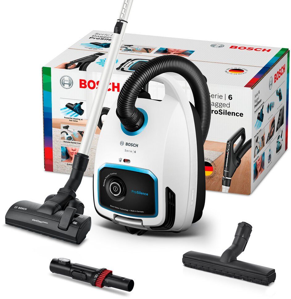 BOSCH Bodenstaubsauger ProSilence Serie 6, weiß, BGL6TSIL, 700 W, mit Beutel, besonders leise, HEPA Filter, 10 Jahre Motorgarantie