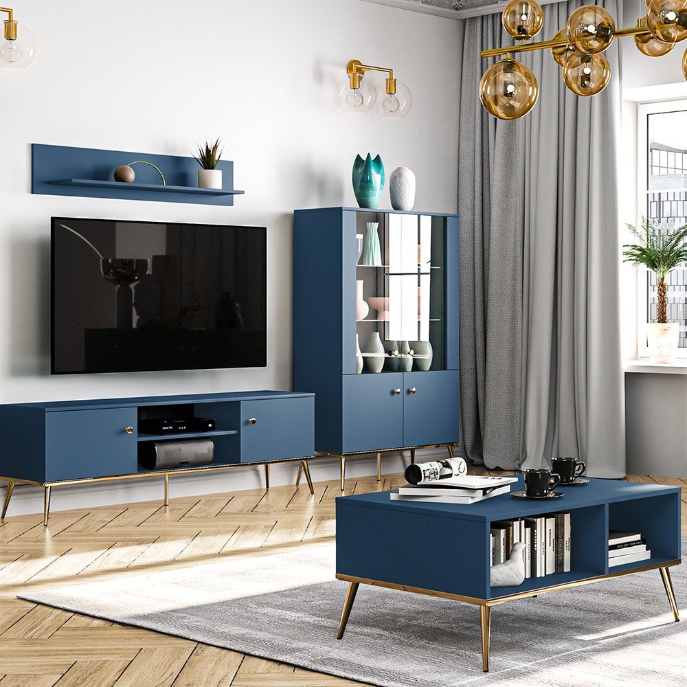 Lomadox Wohnwand MONTPELLIER-131, (4-St., 4-tlg), dunkelblau, LED-Beleuchtung, Füße & Griffe goldfarben, mit Couchtisch
