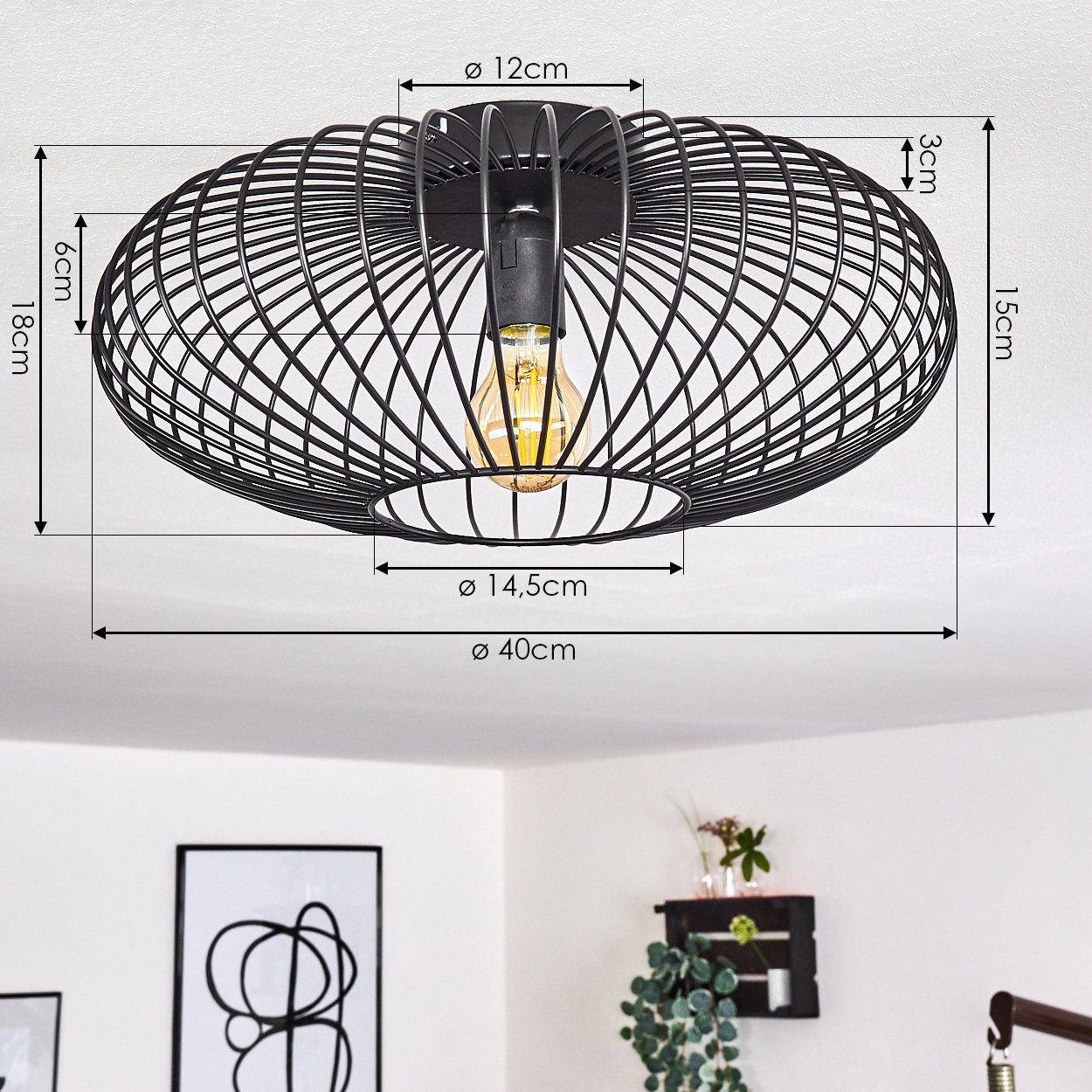 hofstein Deckenleuchte Pieris Deckenlampe aus Metall in Schwarz, ohne Leuchtmittel, E27, Leuchte m. Gitter u. Lichteffekt an der Decke