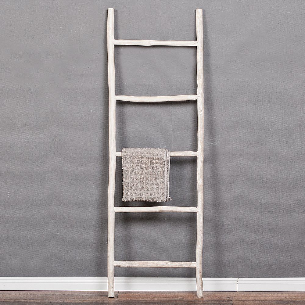 LebensWohnArt Dekoleiter Deko-Leiter KEPALA H150cm White-Wash Teak Handtuchhalter Kleiderständer