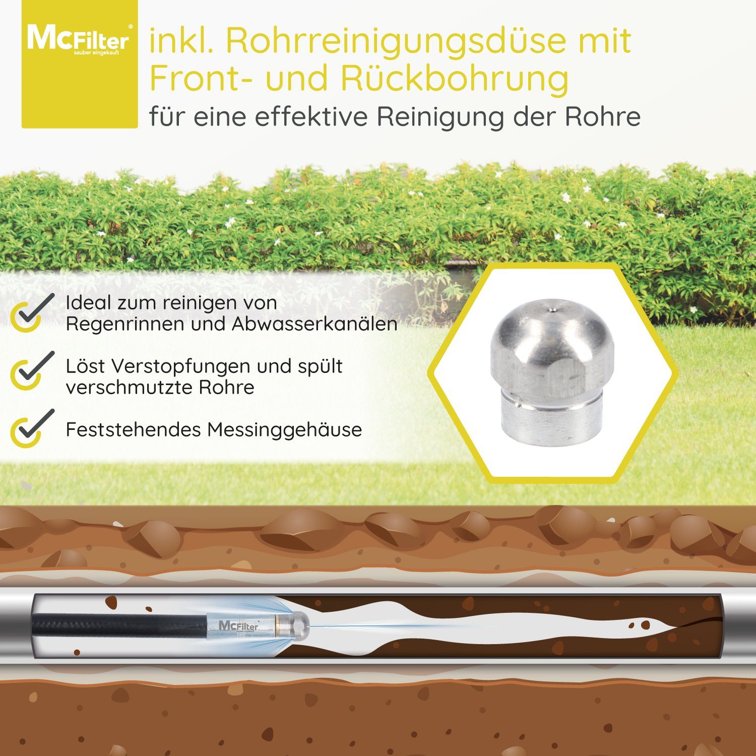 McFilter Hochdruckschlauch Rohrreinigungsschlauch, 10m, 160 bar, kompatibel mit Kärcher, K2, K3, K4, K5, K6, Hochdruckreiniger, inkl. Adapter, Düsen starr + rotierend