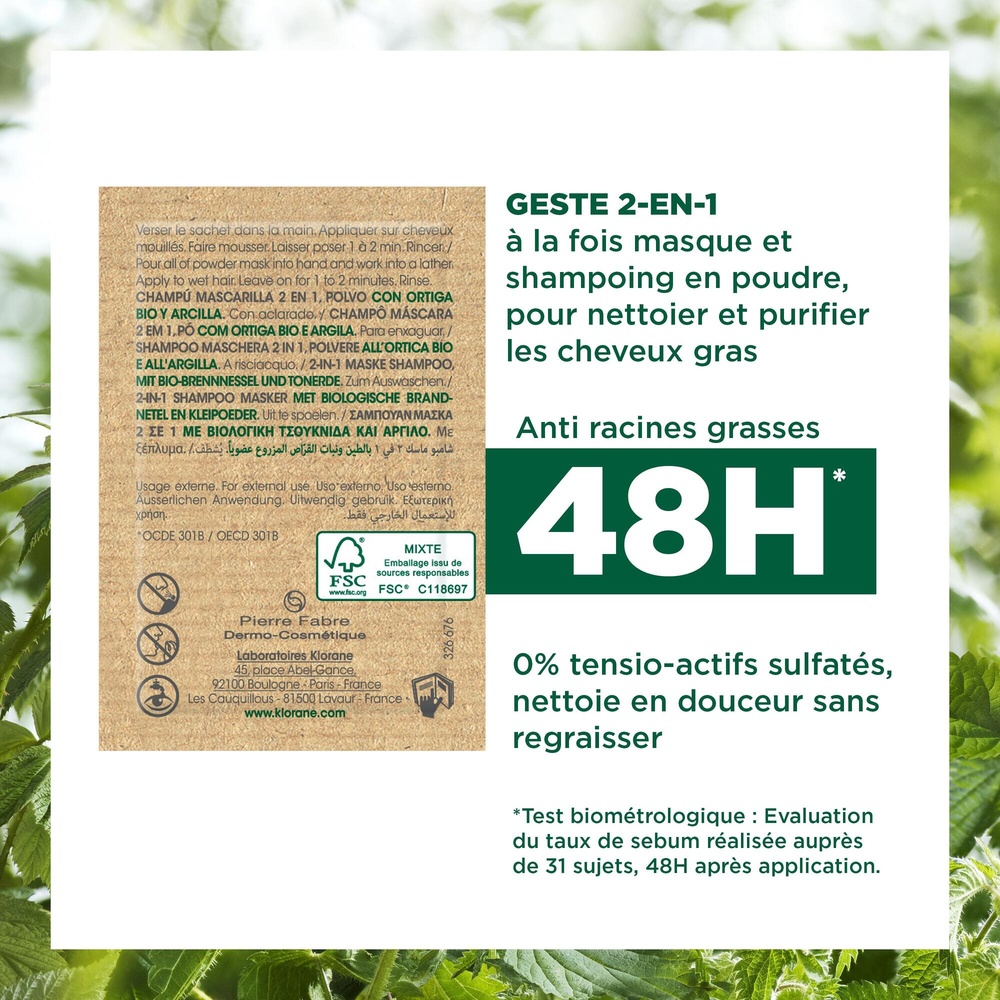 Klorane Ortie Masque lavant 2 en 1 poudre 8 sach ets 3gr Soins solide