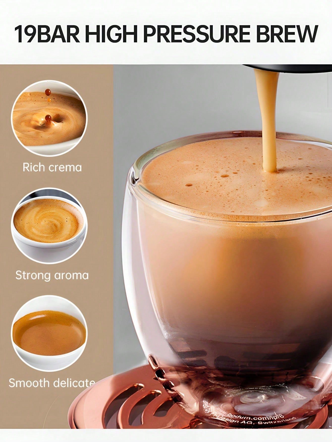 KREATE Kapselmaschine 5-in-1-Kaffeemaschine, 19-Bar-Espressomaschine, Kalt-/Heißmodus, 0.6l Kaffeekanne, Kompatibel mit Kcup*/Nes* Original/DG*/ESE Pod/gemahlenem Kaffee Wassermenge Stufe 7, 110*275*265 mm, Abnehmbarer 20-Unzen-Behälter, LED-Streifen