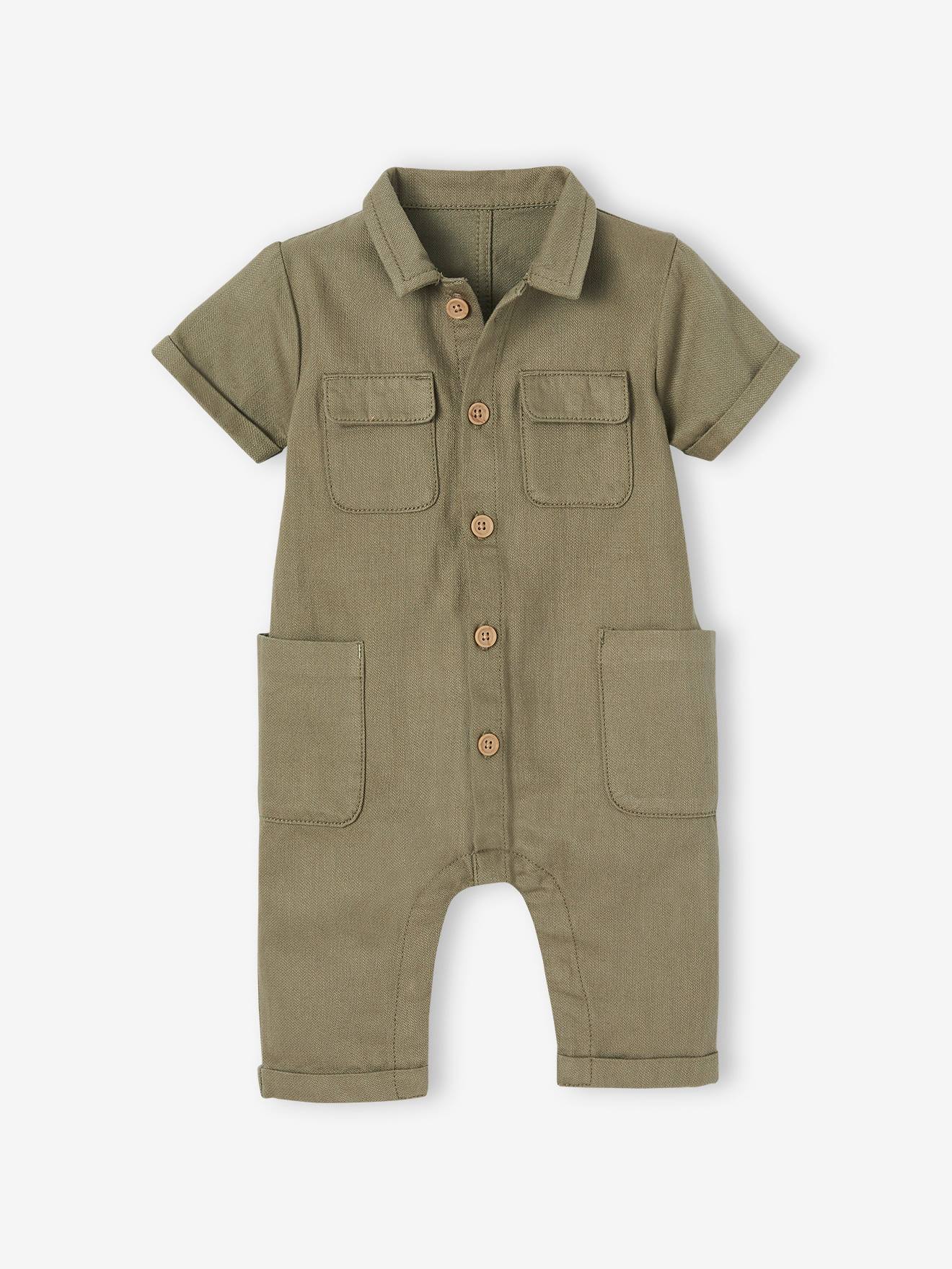 Combinaison longue bébé en tissu flammé kaki