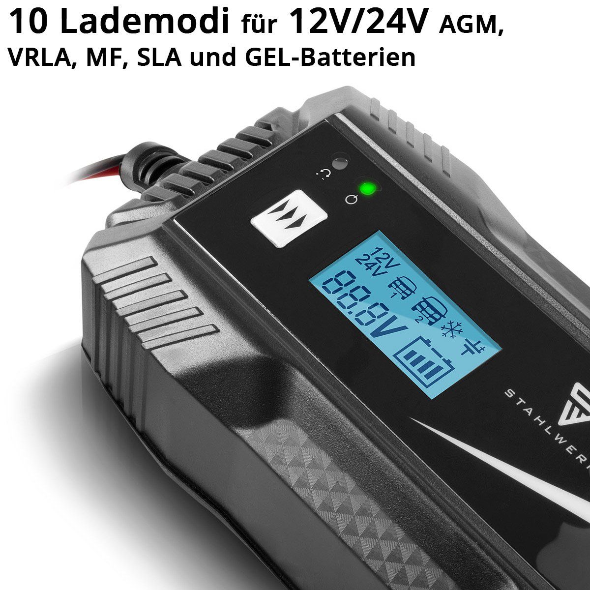STAHLWERK Batterieladegerät IBC-100 ST mit Mikroprozessor Autobatterie-Ladegerät (Packung, 1-tlg., Das Batterieladegerät verfügt über einen Überladungs-, Polungs- und Kurzschlussschutz., und 10 Lademodi für 12V/24V AGM, VRLA, MF, SLA und GEL-Batterie