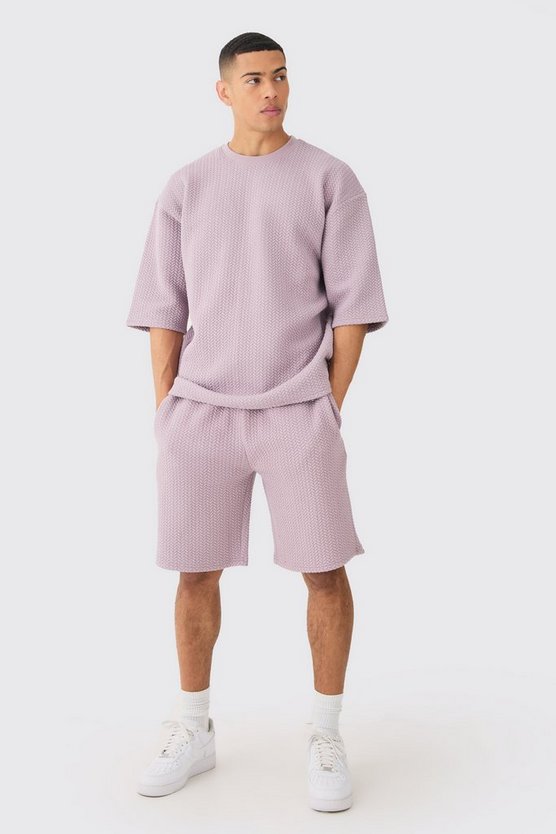 Oversize gestepptes T-Shirt & Shorts mit Fischgräten-Print