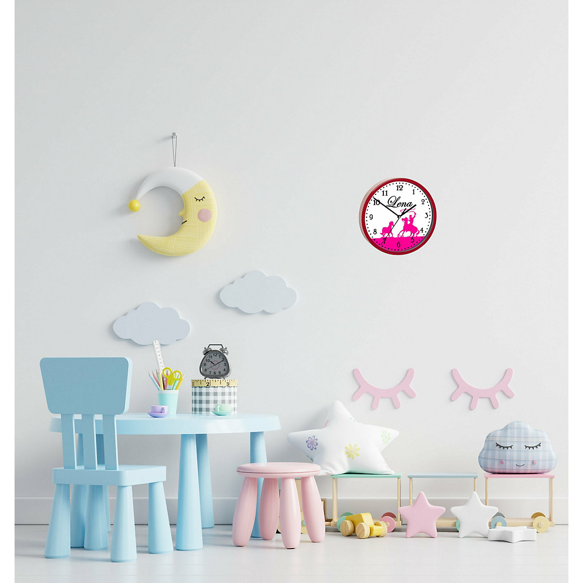 Kinder Wanduhr laufruhig personalisiert mit Name Pferde Cowboy Pink