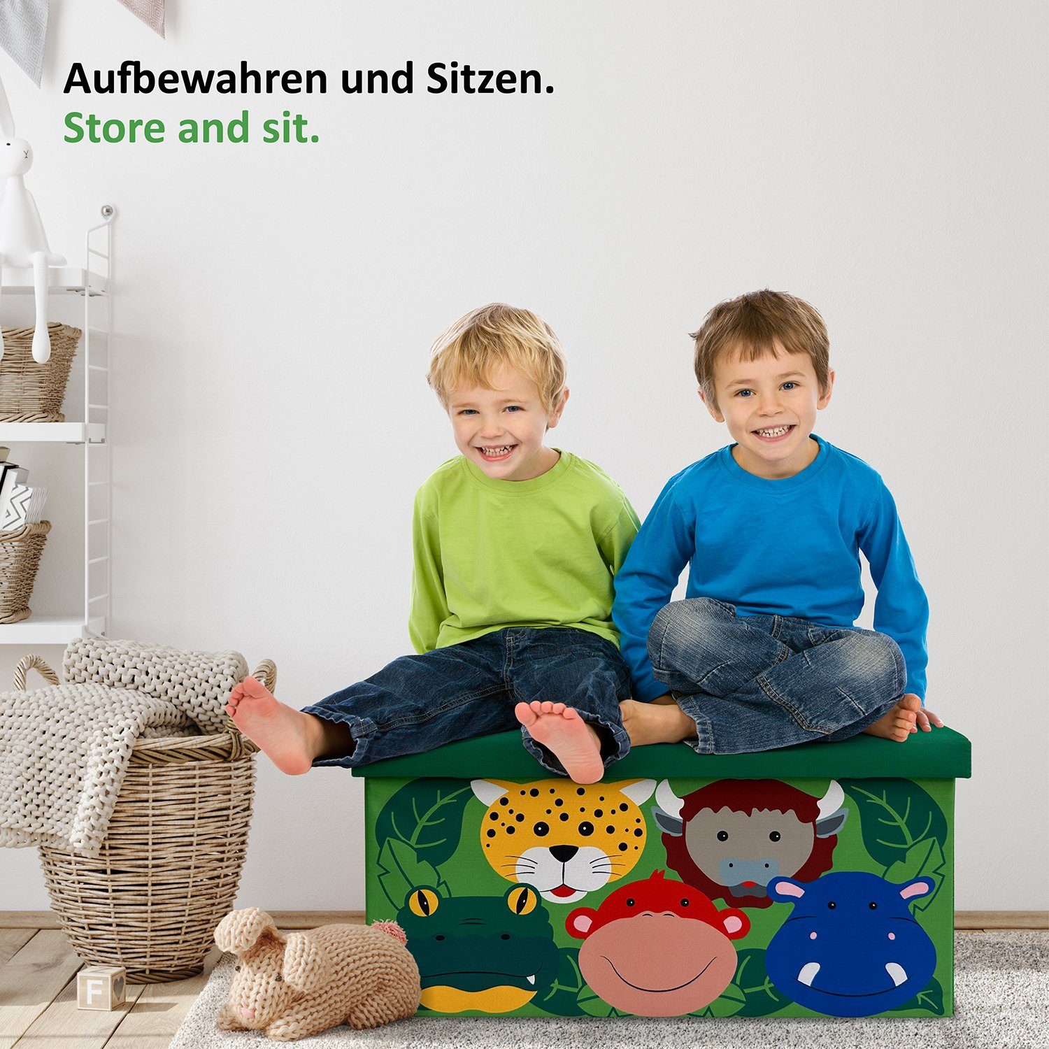 WIESEN.design Spielzeugtruhe Sitztruhe-Dschungel für Spielzeug Aufbewahrung, 60x30x30cm, 54L, belastbar mit 150kg, inkl. eines Baumwollsacks, gratis Versand
