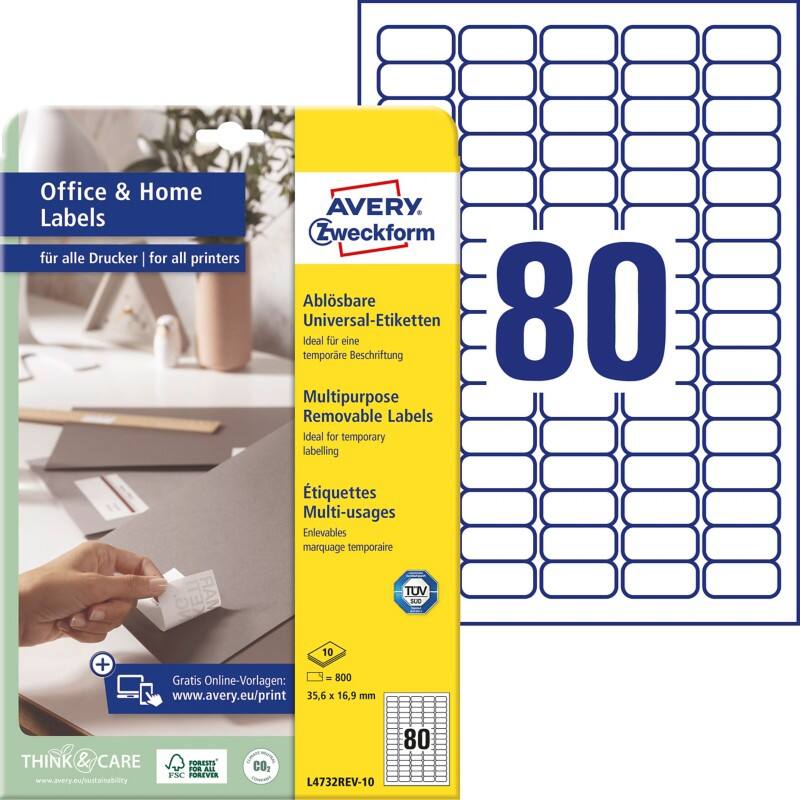 AVERY Zweckform Ablösbare Universaletiketten L4732REV-10 Selbsthaftend DIN A4 Weiß 3,56 x 32,7 x 1,69 cm 10 Stück à 80 Etiketten