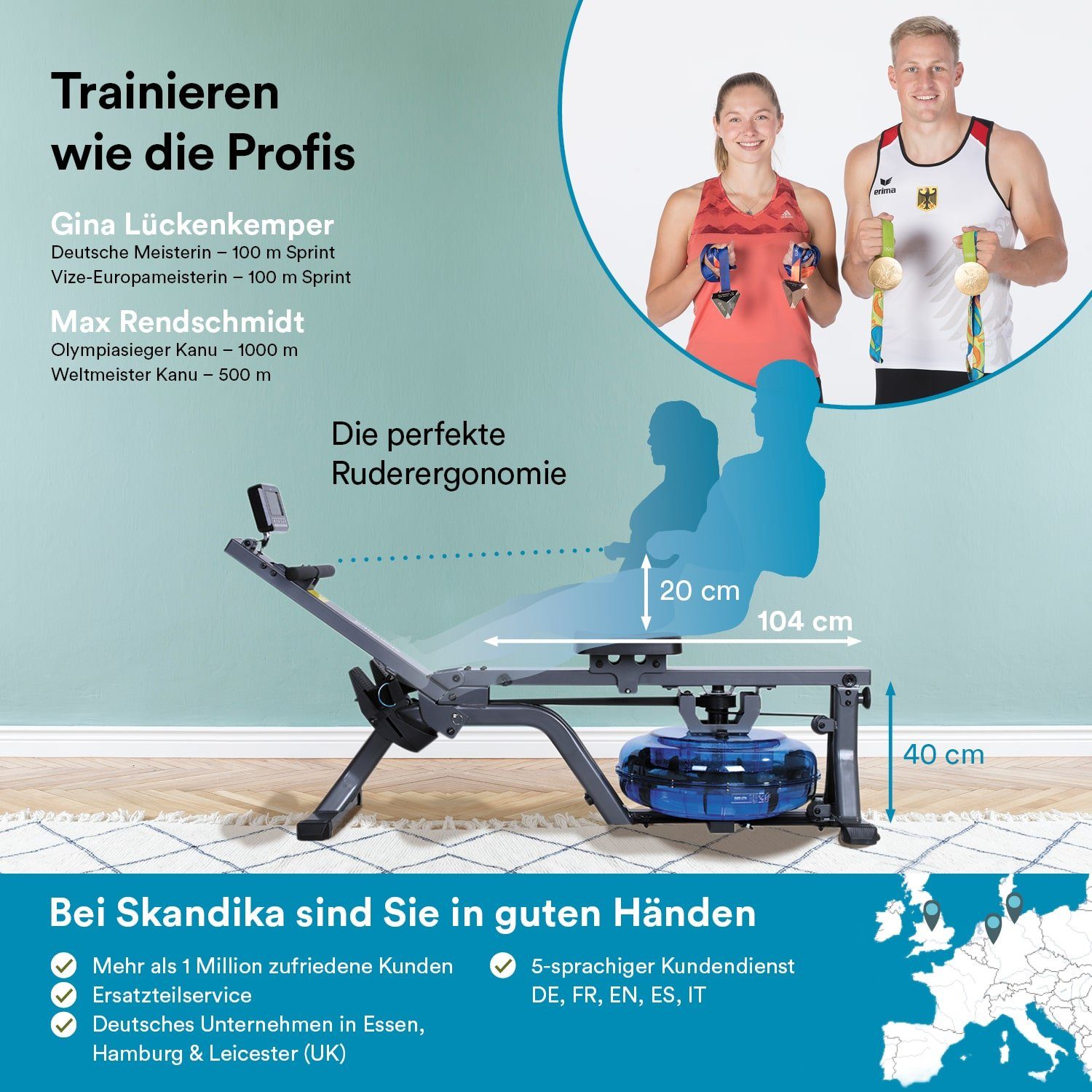 Skandika Rudergerät Nemo Compact, Wasser Rudergerät klappbar, Bluetooth, App kompatibel, bis 130 kg