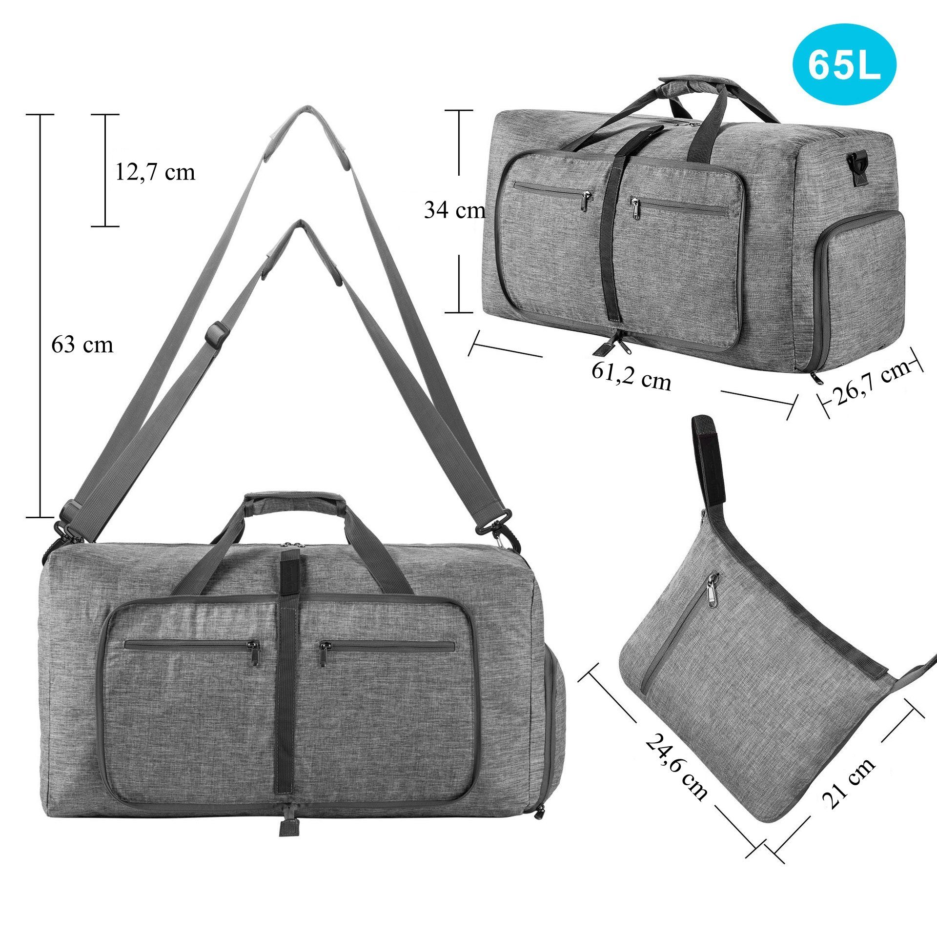 Opspring Reiserucksack Leichte Faltbare Reisetasche,Groß 65L Sporttasche mit Schuhfach