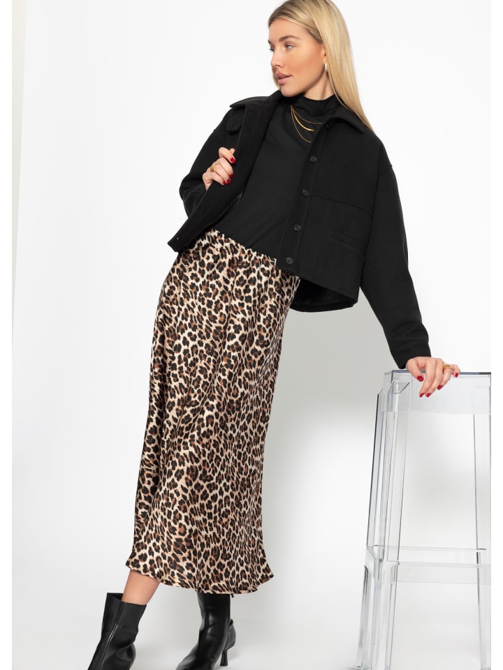 SASSYCLASSY Midi Rock mit Leo-Print in Schwarz, Braun, Beige günstig kaufen