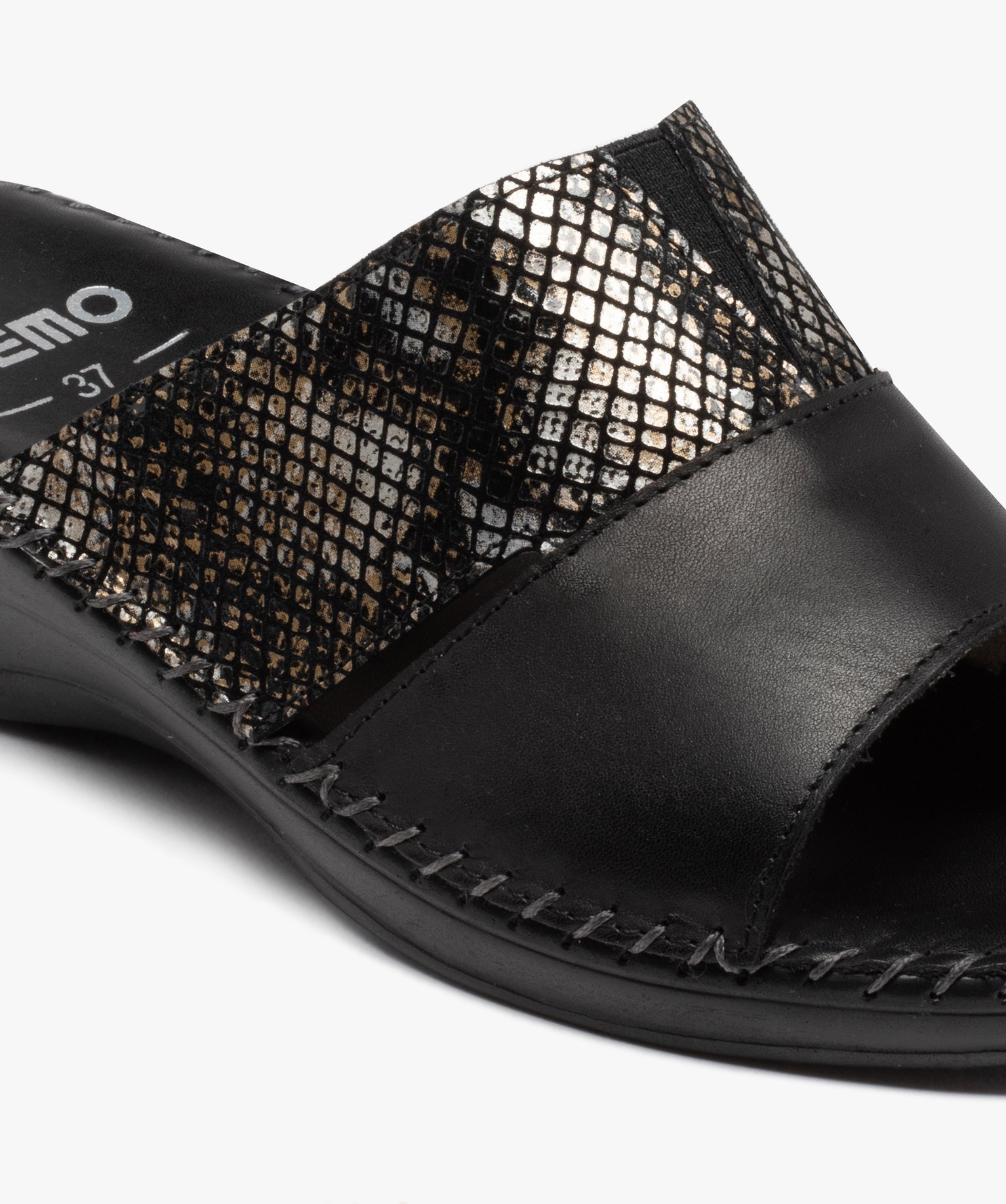 Mules femme confort compensées à brides en cuir noir | GEMO