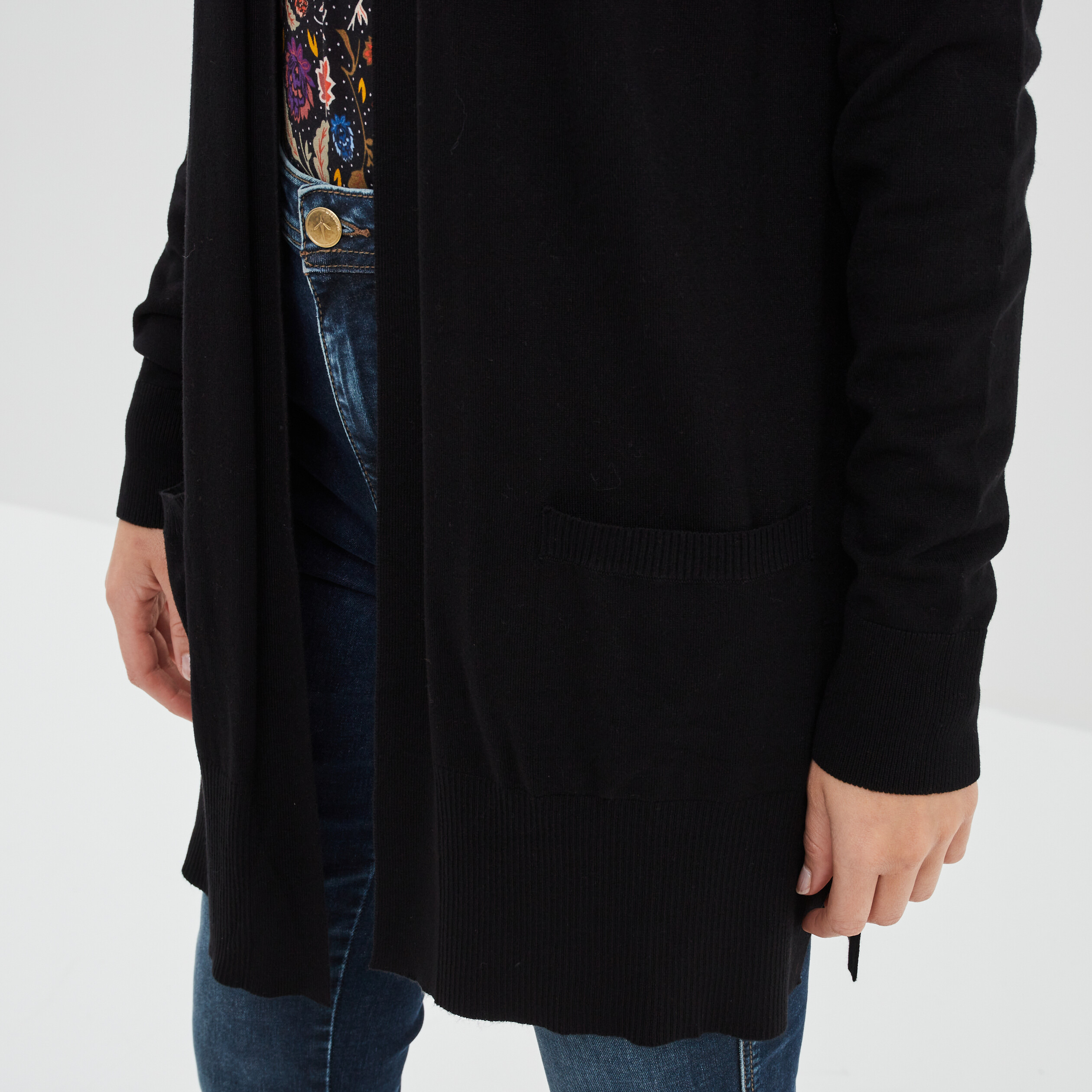 Gilet mi-long manches longues noir femme | La Halle
