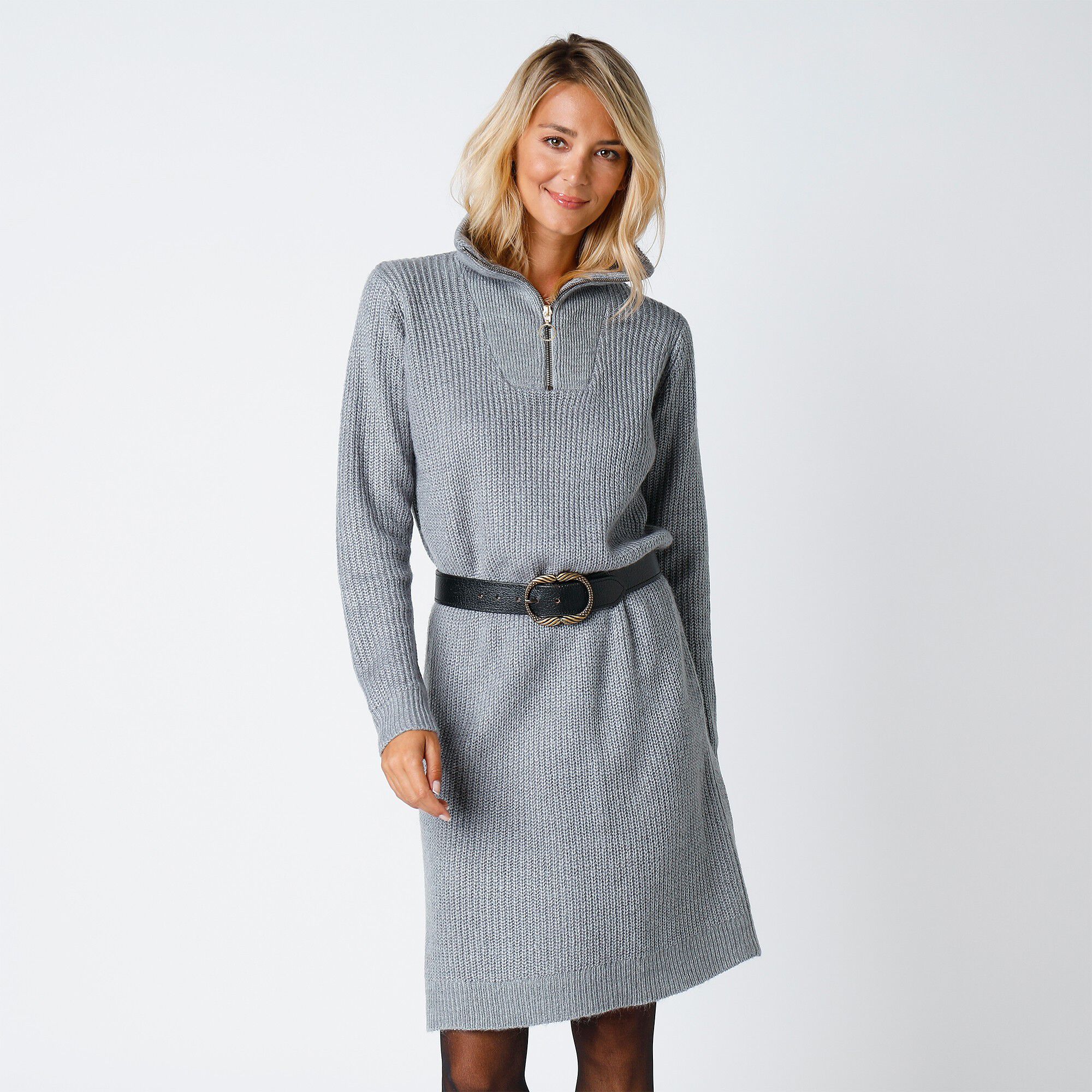 Robe pull col zippé, maille anglaise