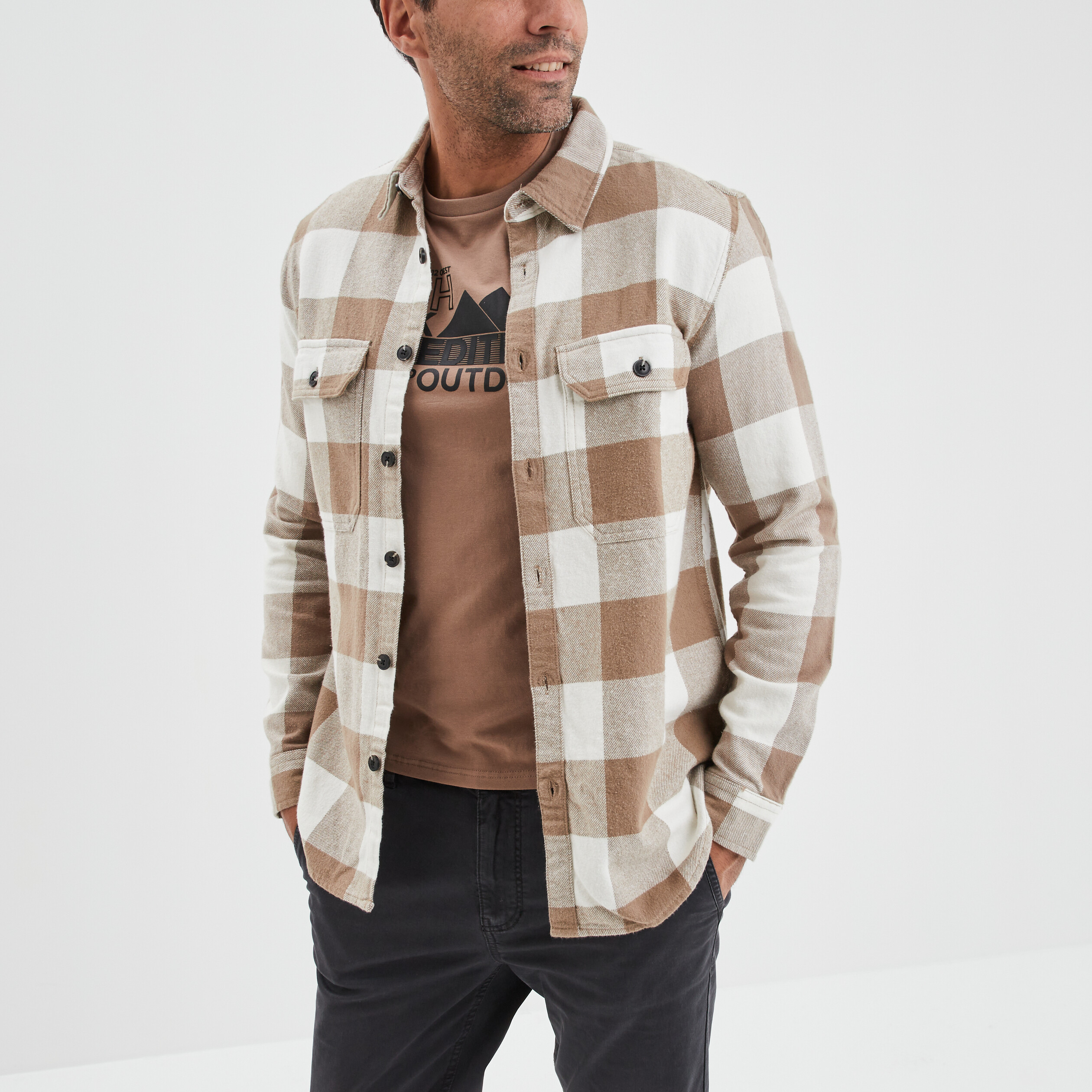 Surchemise coton manches longues Creeks beige homme | La Halle