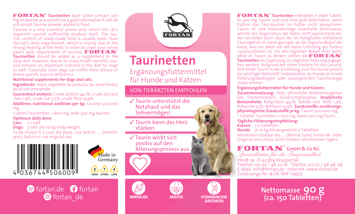 Fortan Ergänzungsfutter & Aufzucht Fortan Taurinetten Tabletten mit 300 mg Taurin 90 g