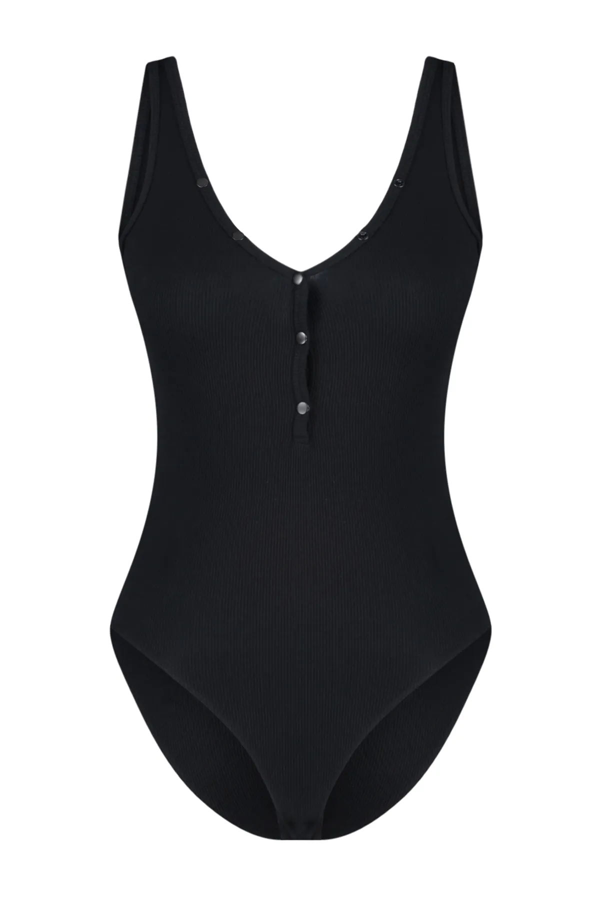 Trendyol Collection  Schwarzer, körperbetonter, gerippter, flexibler Strickbody mit V-Ausschnitt und Druckknopfverschluss TWOSS24BD00032