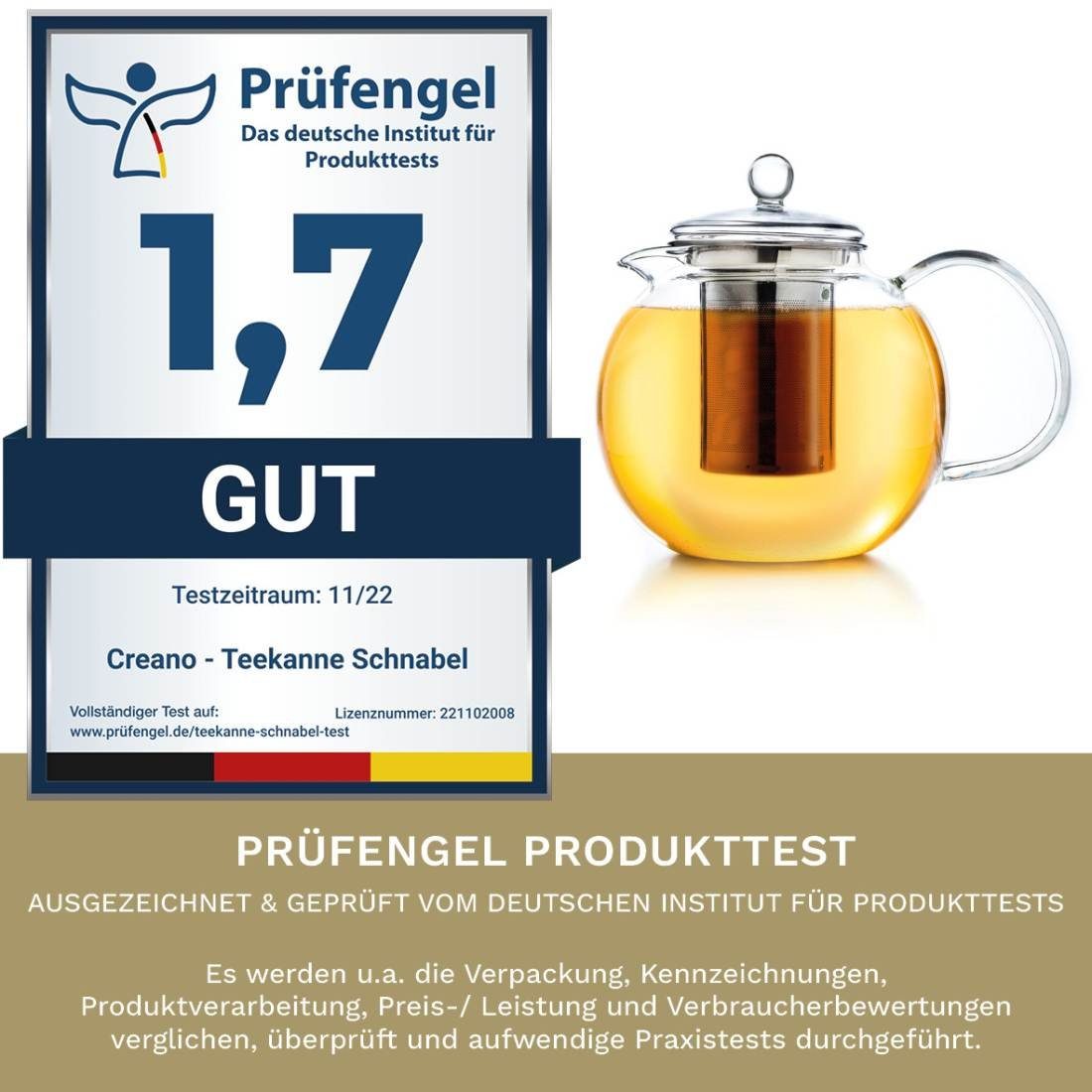 Creano Teekanne Creano Teekanne aus Glas 1,7l, 3-teilige Glasteekanne mit integriertem, tropffrei