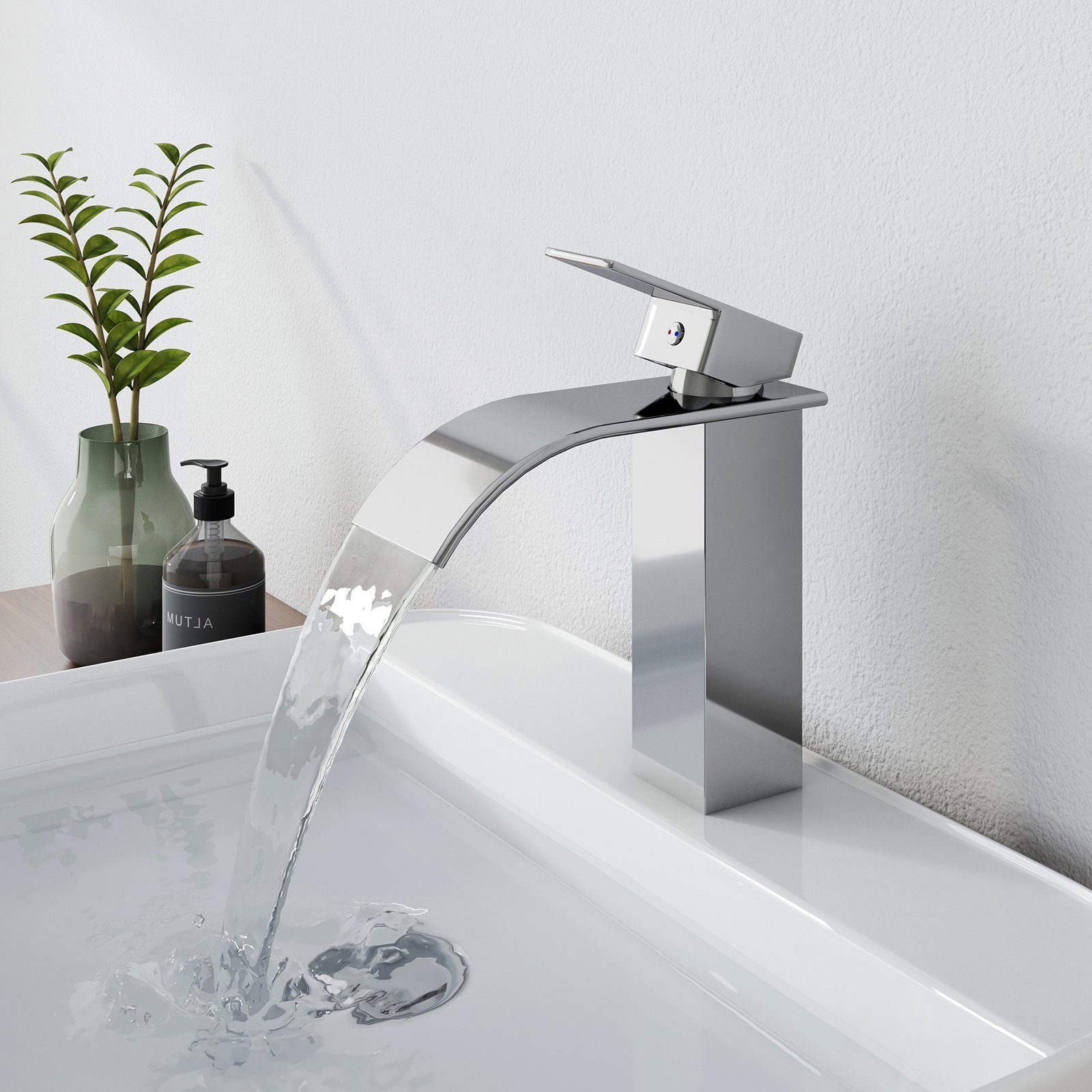 EMKE Waschtischarmatur Waschtischarmatur Wasserfall Badarmatur aus Edelstahl Einhebelmischer für Waschbecken mit Auslauf Höhe 117 mm