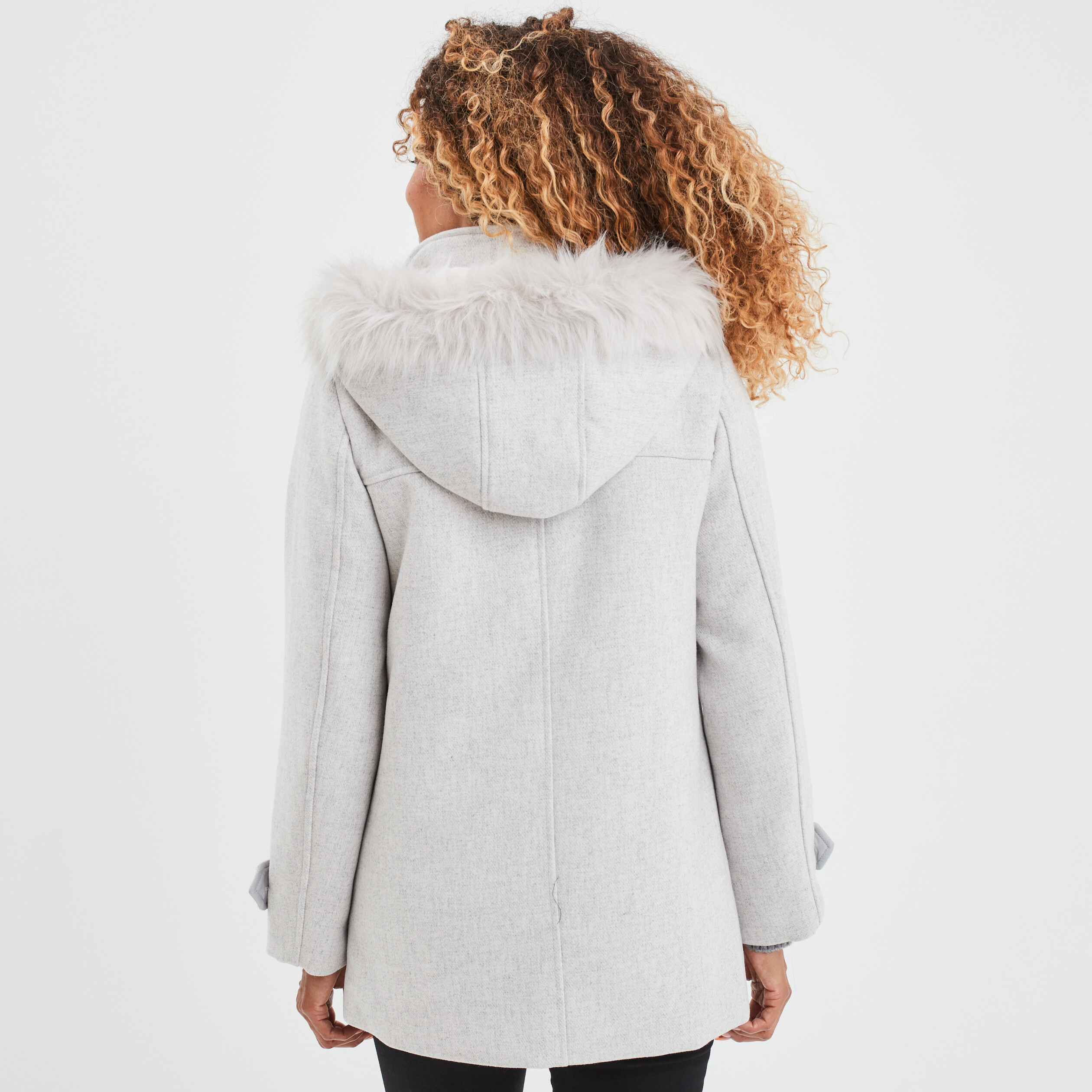 Manteau zippé à capuche fausse fourrure gris clair femme | La Halle