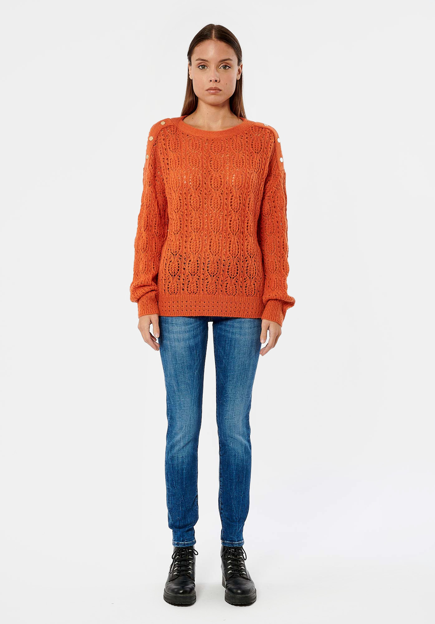 LOUIZ  Pull orange ajouré femme