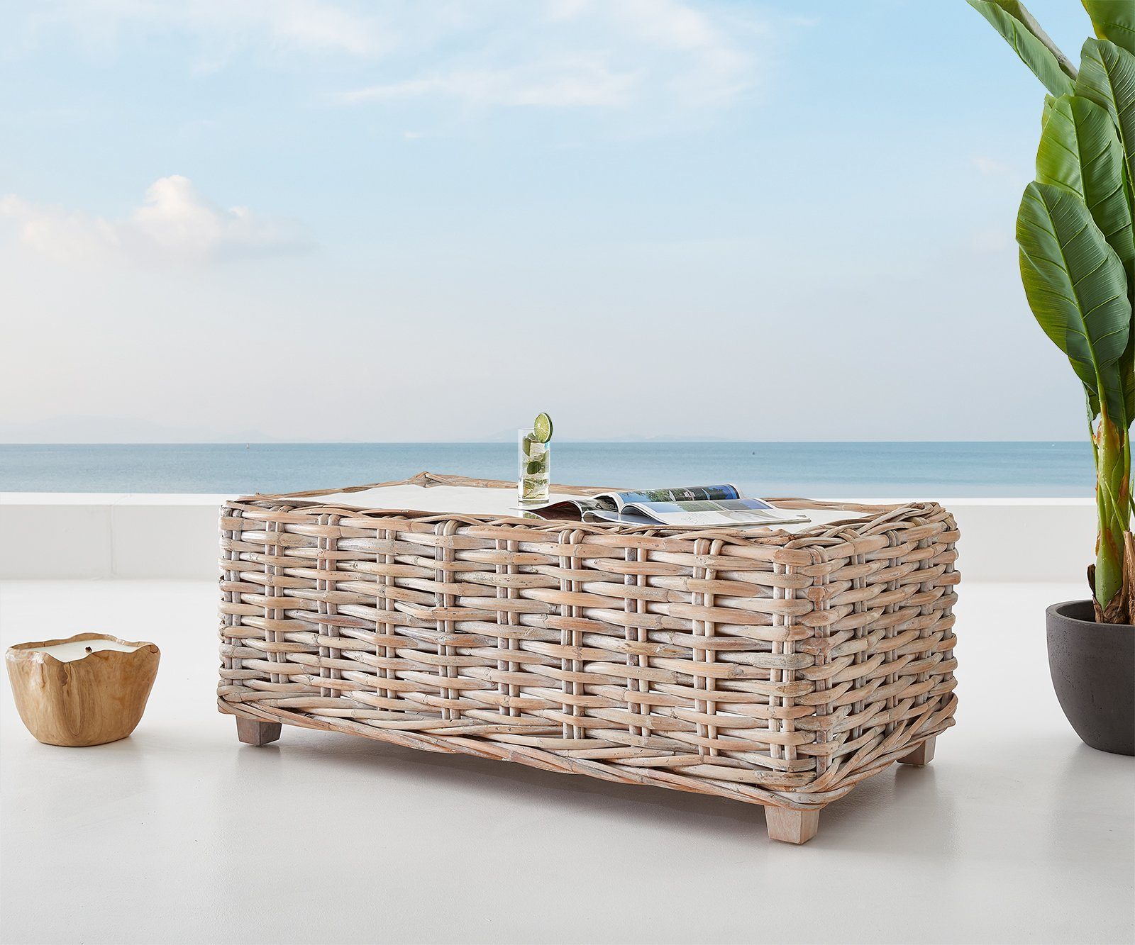DELIFE Loungesofa Nizza, Rattan white washed 133x73 cm Glasplatte Loungetisch