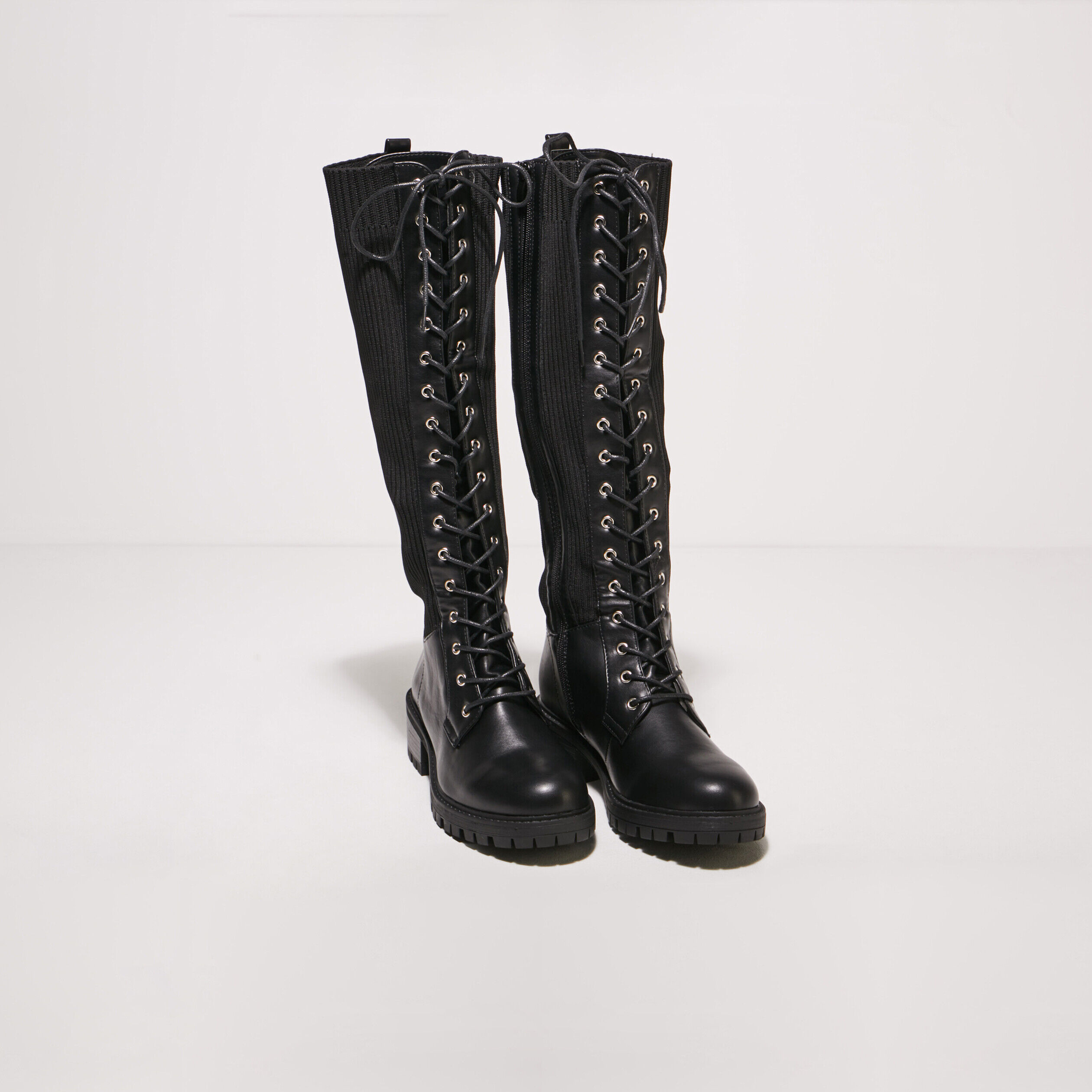 Bottes hautes plates à lacets noir femme | Cache Cache