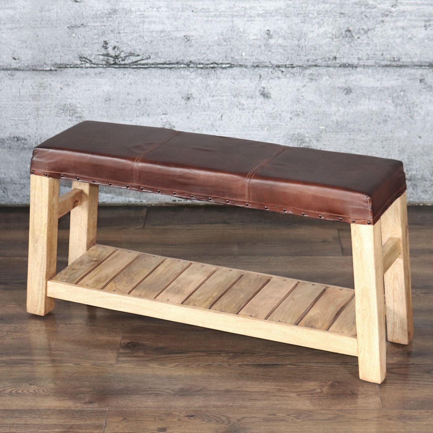 baario Gartenbank Sitzbank KULA Leder, braun Hocker massiv Mangoholz Vintage Flurbank