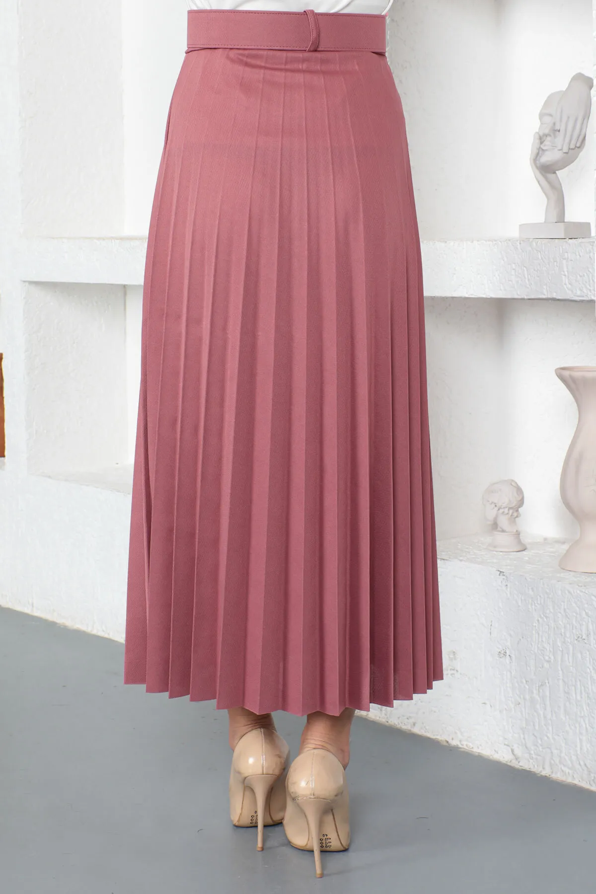 Tesettür Dünyası  Faltenrock mit Gürtel Tsd230113 Dusty Rose