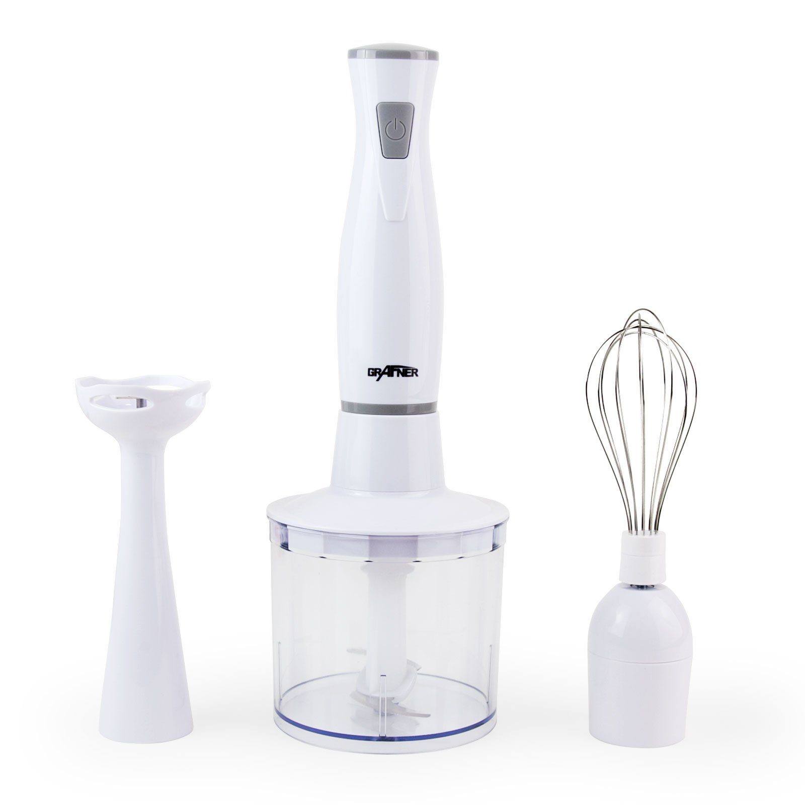 Grafner Stabmixer Stabmixer Set 4 in 1 Stabmixer, Pürierstab und Multi Zerkleinerer, 300 W, 1x Quirlaufsatz, 1x Mixbecher, 1x Pürieraufsatz