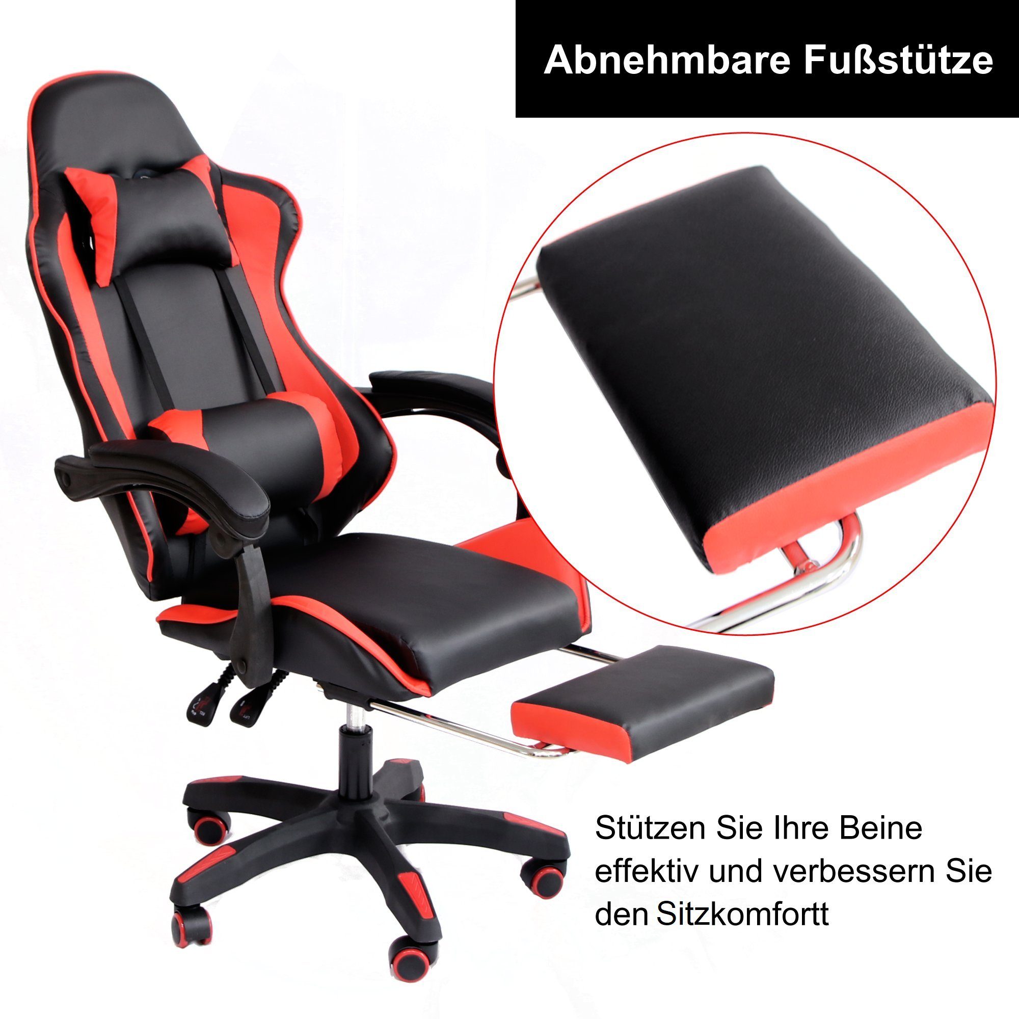 Melko Gaming-Stuhl Schreibtischstuhl Gamingstuhl Bürostuhl Chefsessel Drehstuhl in Schwarz Rot Sportsitz Höhenverstellbar inkl. Fußablage für Gaming Büroarbeit Office (Stück)