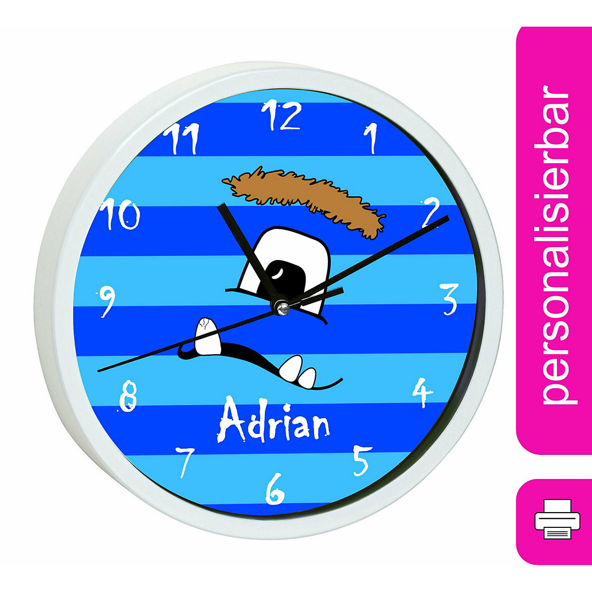 Kinder Wanduhr personalisiert mit Name Monster Streifen blau