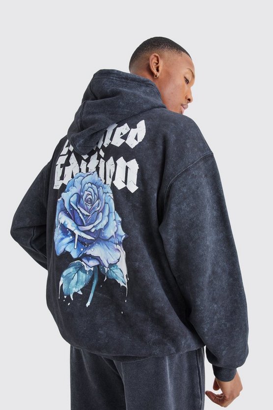 Oversize Hoodie mit Acid-Waschung und Rosen-Print